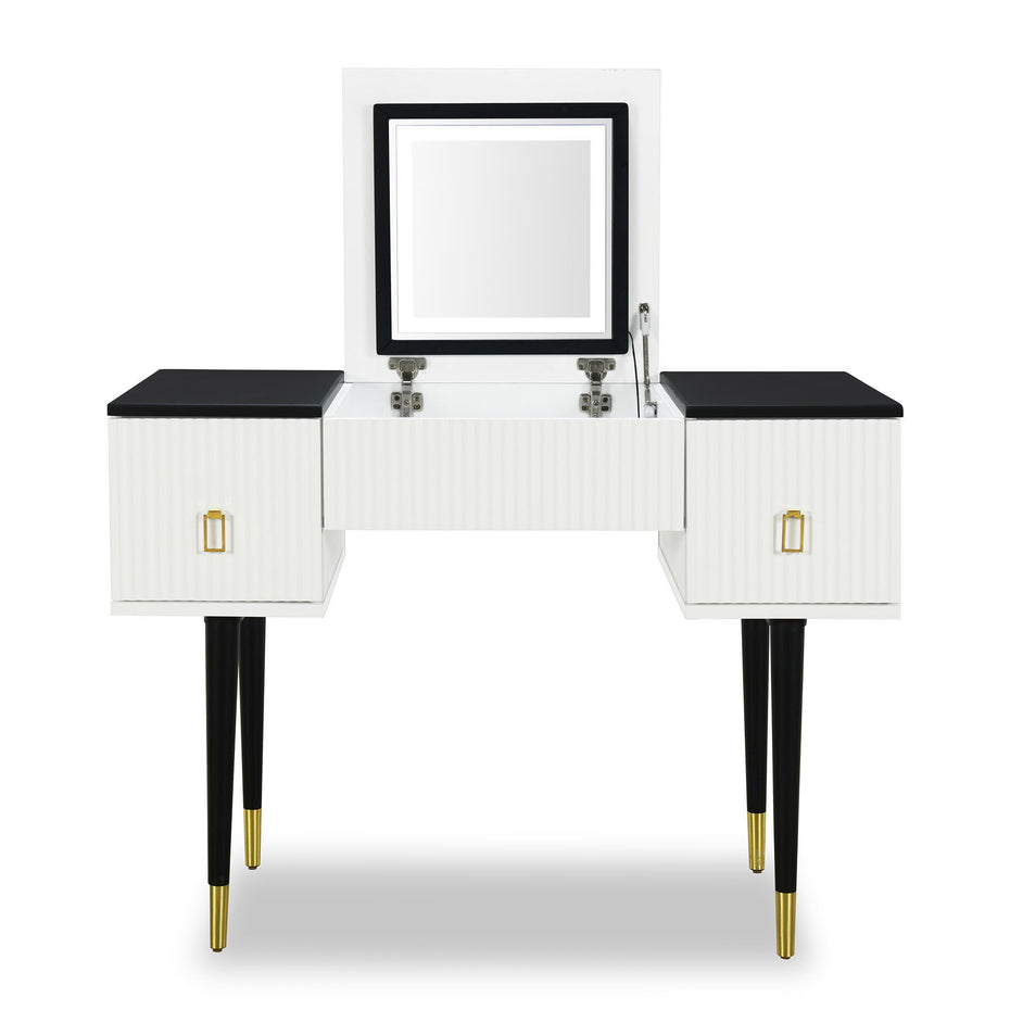 Modern Vanity Table Set With Flip-Top Mirror And Led Light, Dressing Table With Customizable Storage - White / Black