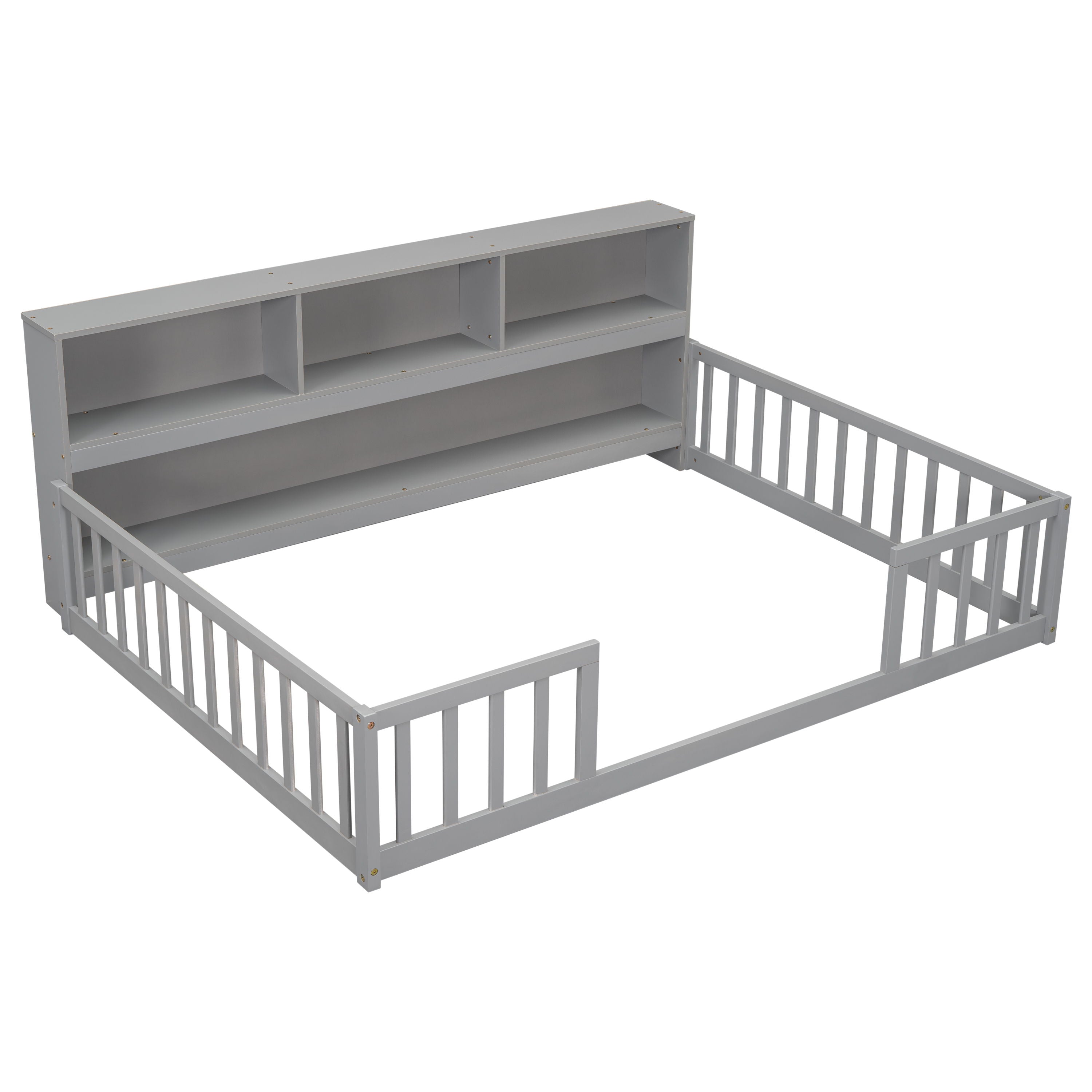 Floor Bed With Side Bookcase, Shelves, Guardrails