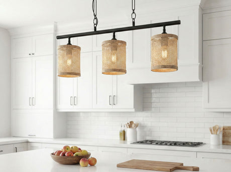 Elysian - 3 Lights Island With Natural Shade Farmhouse Chain Ceiling Lamp - Black / Rattan - view 2