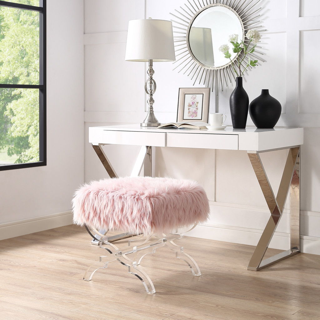 Faux Fur Ottoman - Rose / Clear