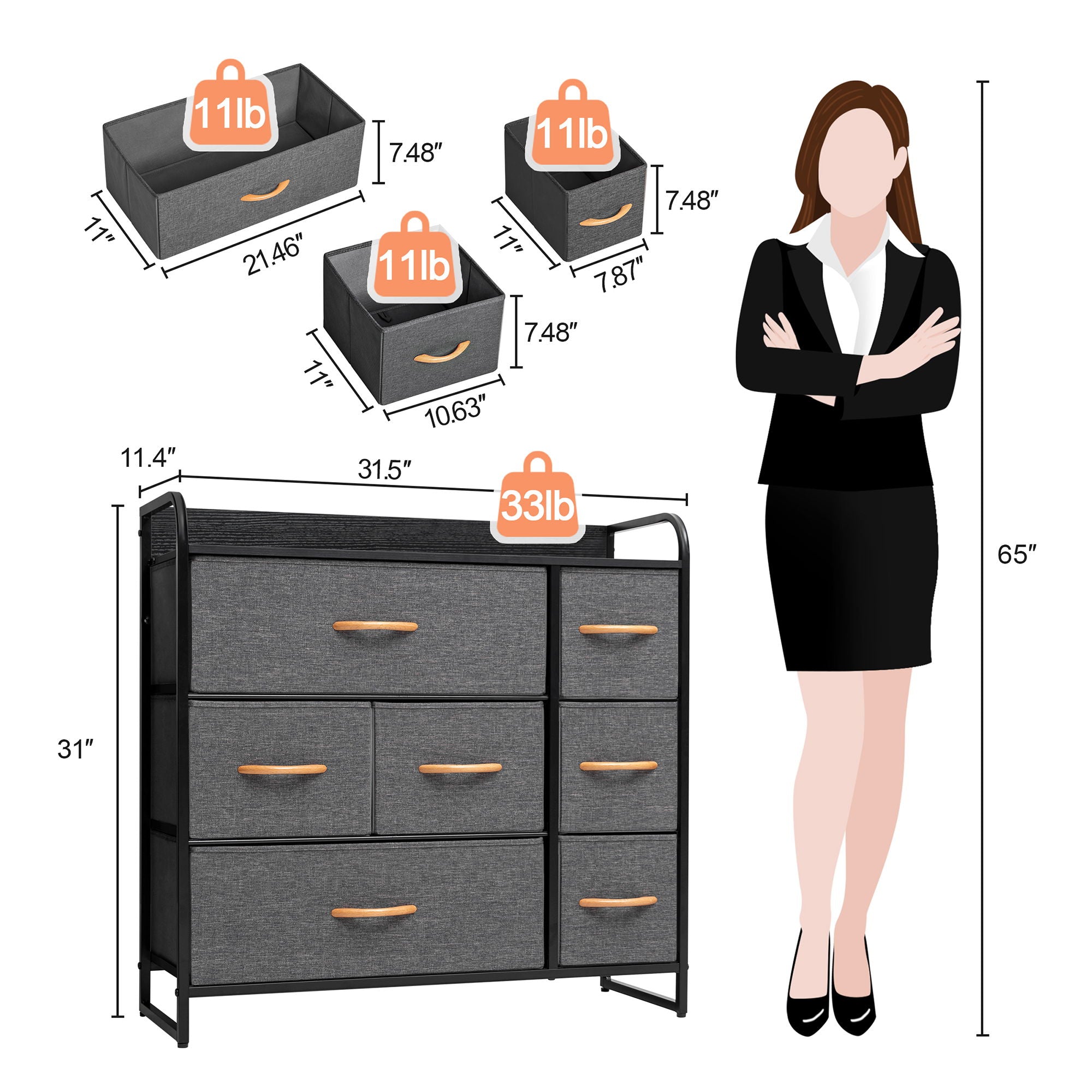 Steel And Fabric Seven Drawer Dresser - Gray / Black