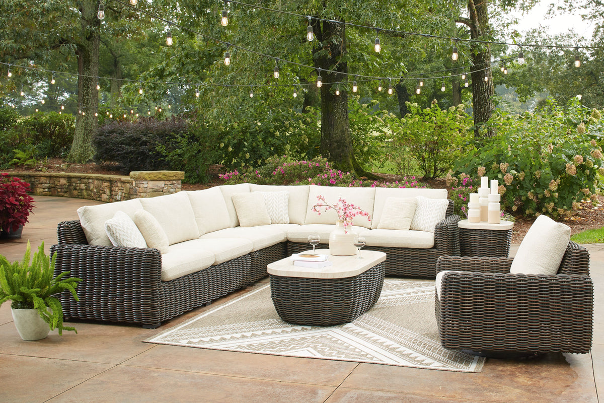 Kimora - Beige / Dark Brown - 7 Pc. - 4-Piece Outdoor Sectional, Swivel Glider Lounge, Cocktail Table, End Table by Signature Design by Ashley® | Bel Furniture