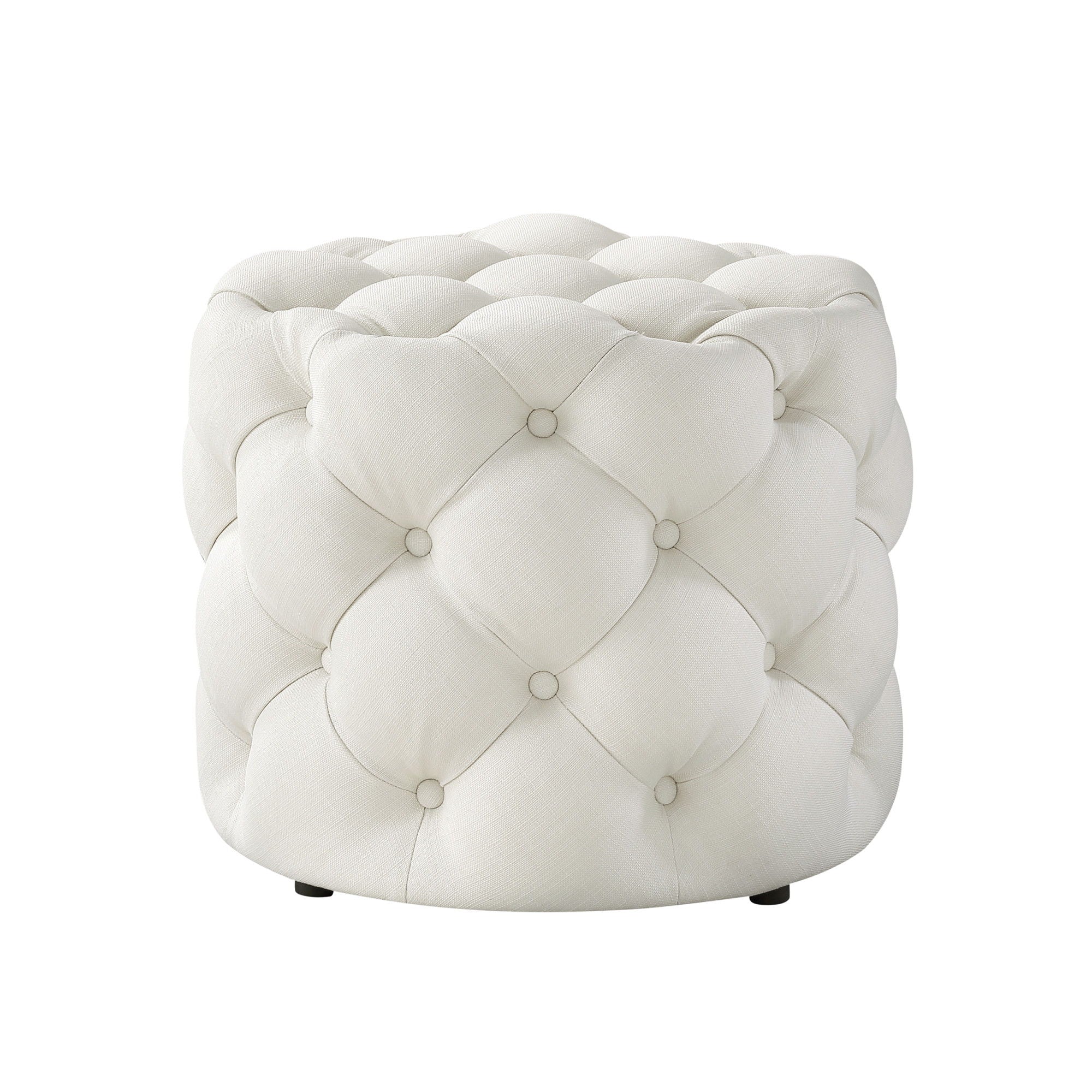 Linen Tufted Round Ottoman - White