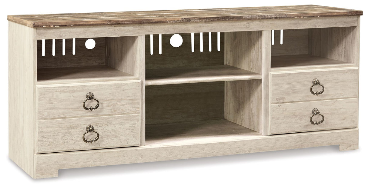 Willowton - Entertainment Center - TV Stand With Faux Firebrick Fireplace Insert - Whitewash