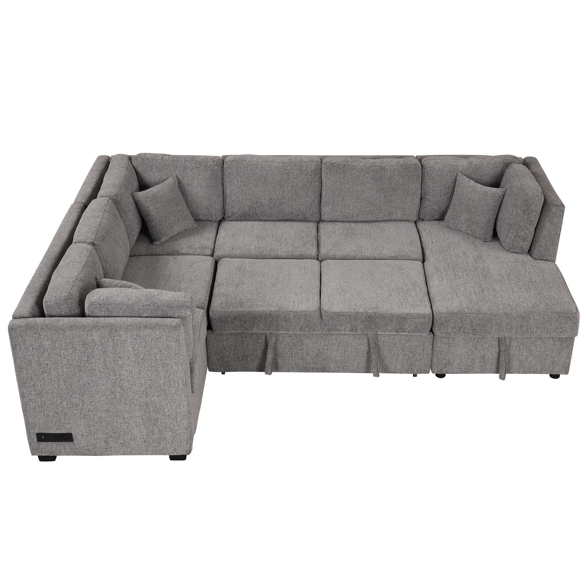 U-Shaped Sectional Sofa Pull Out Sofa Bed With Two USB Ports, Two Power Sockets, Three Back Pillows And A Storage Chaise For Living Room