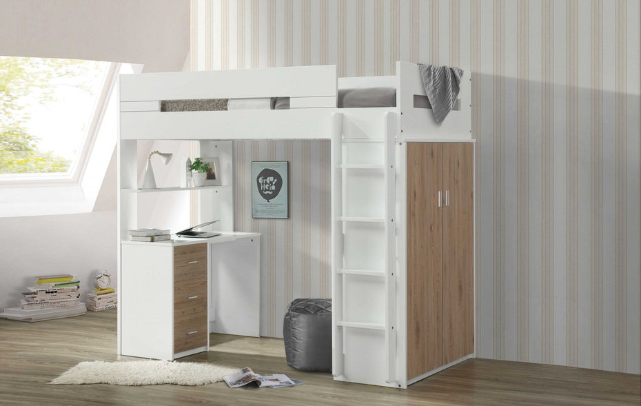 Twin Loft Bed And Desk - White / Natural