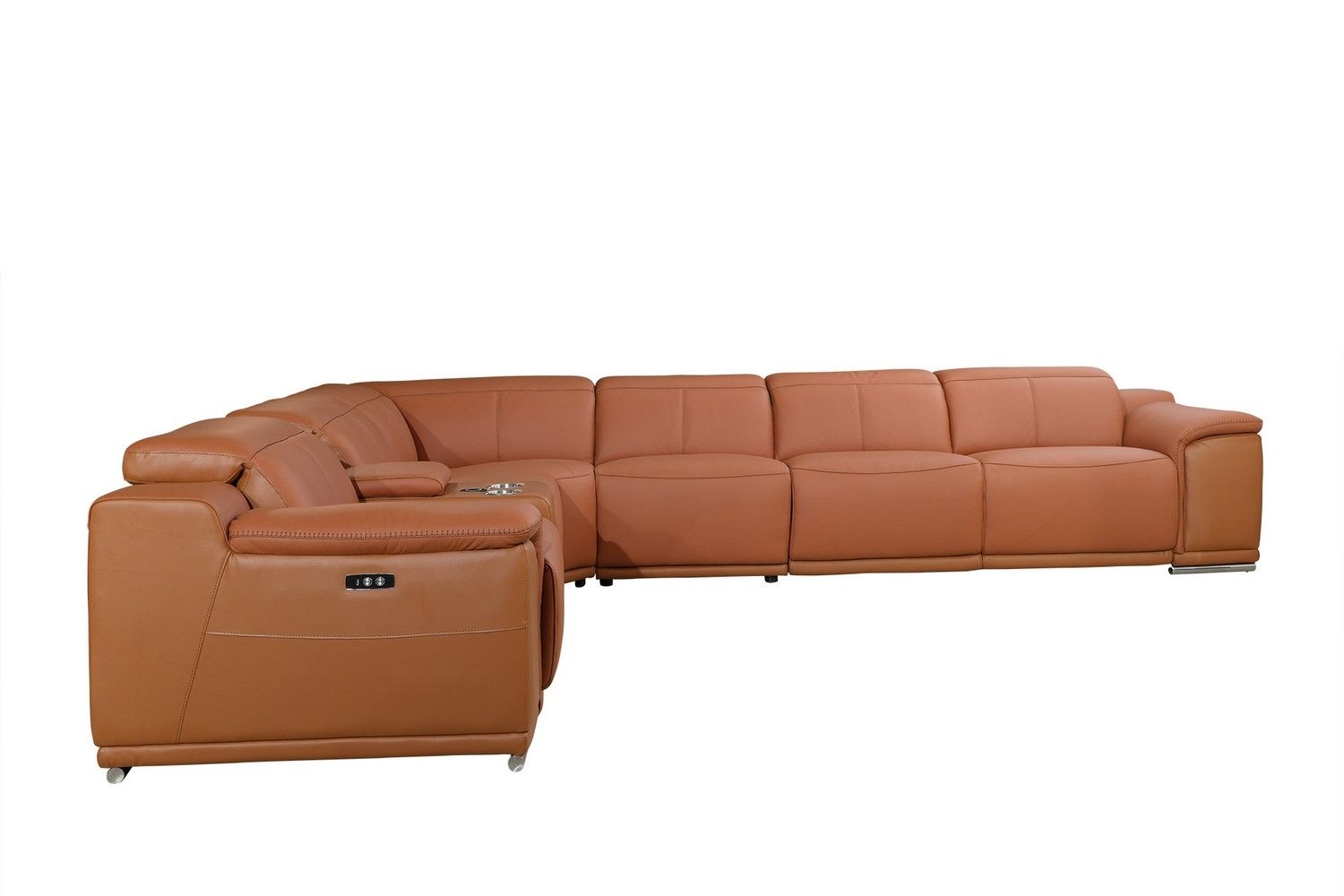 Power Reclining Italian Leather U Shaped Seven Piece Corner Sectional With Console - Camel