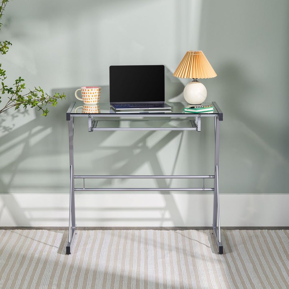 Modern Metal And Glass Computer Desk With Keyboard Tray - Silver