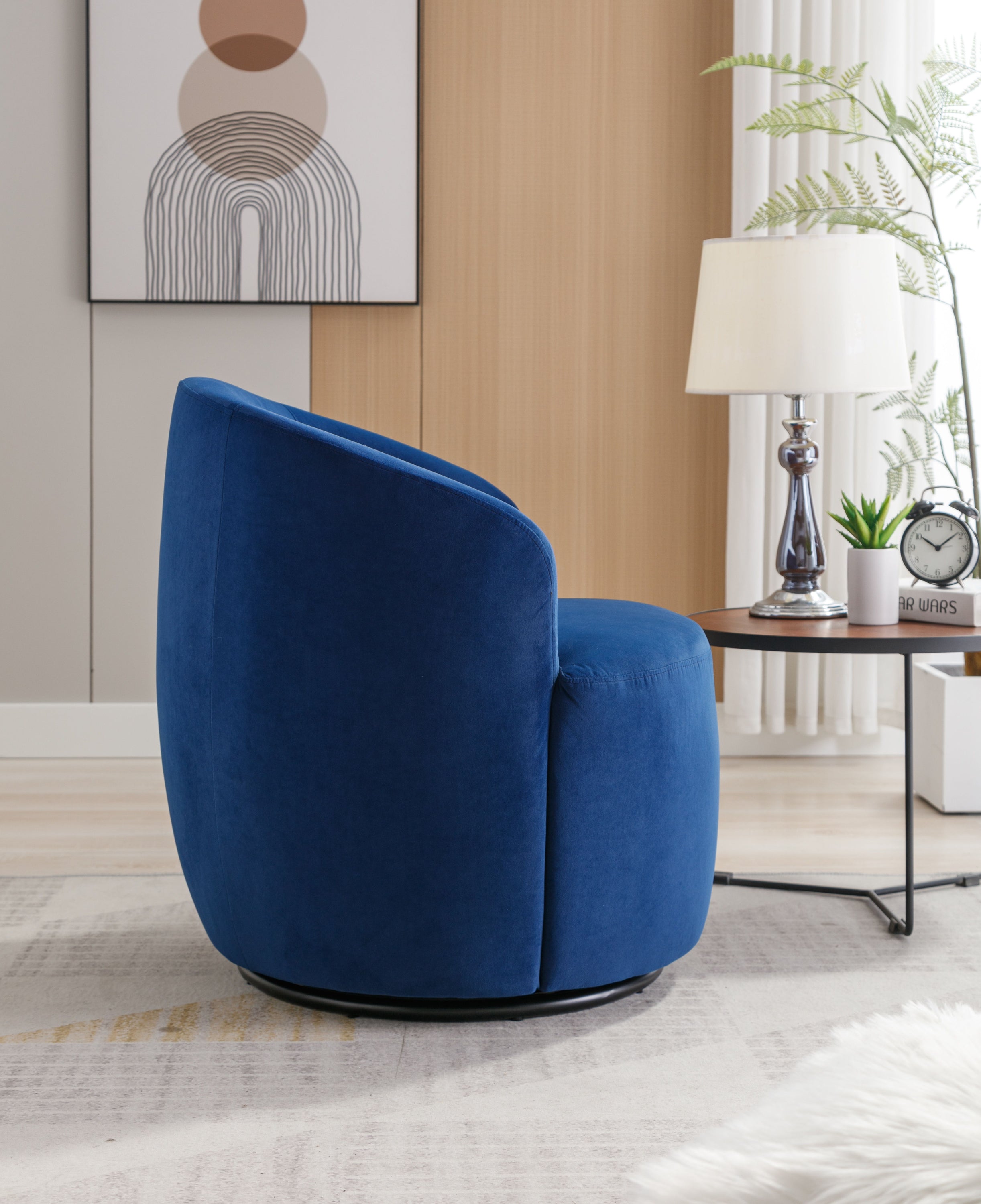 Velvet Fabric Swivel Accent Armchair Barrel Chair With Powder Coating Metal Ring