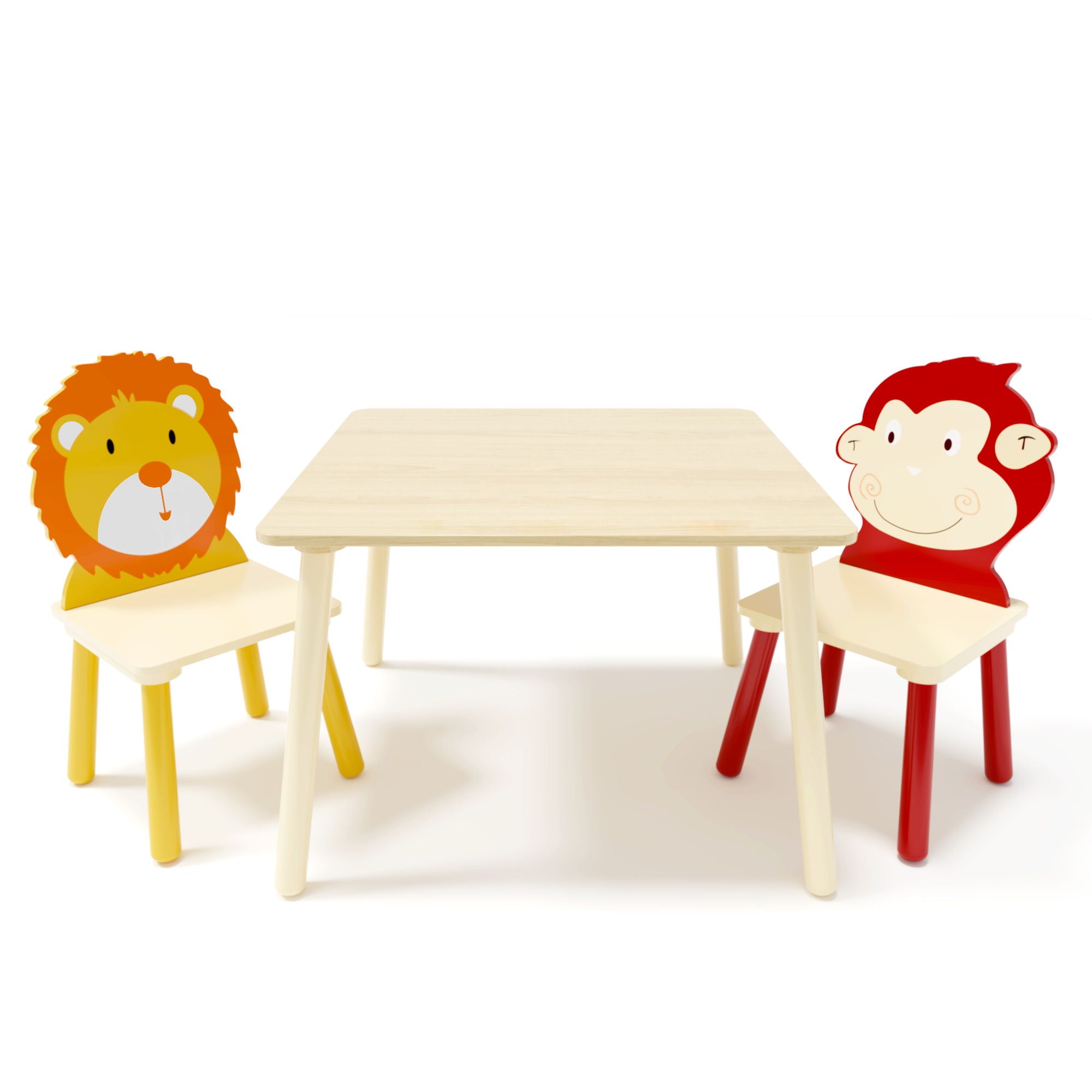 Kids Table And 2 Chairs Set, 3 Pieces Toddler Table And Chair Set, Wooden Activity Play Table Set (Lion&Monkey) - Natural