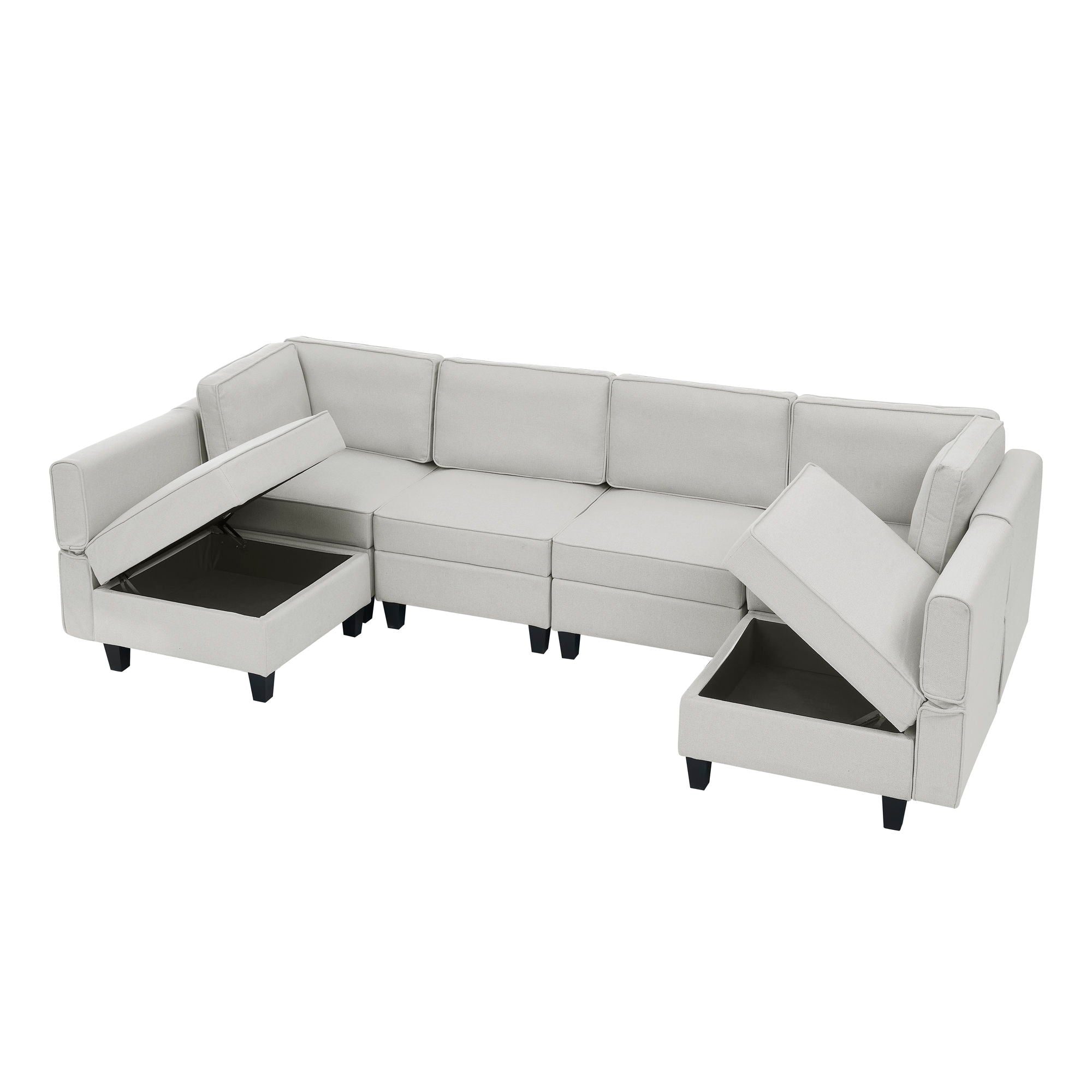 Linen Modular Sectional Sofa, U Shaped Couch With Adjustable Armrests And Backrests, 6 Seat Reversible Sofa Bed With Storage Seats For Living Room - Gray White