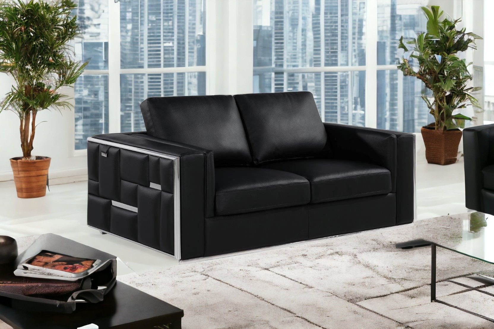 Metallic Leather Loveseat - Silver / Black