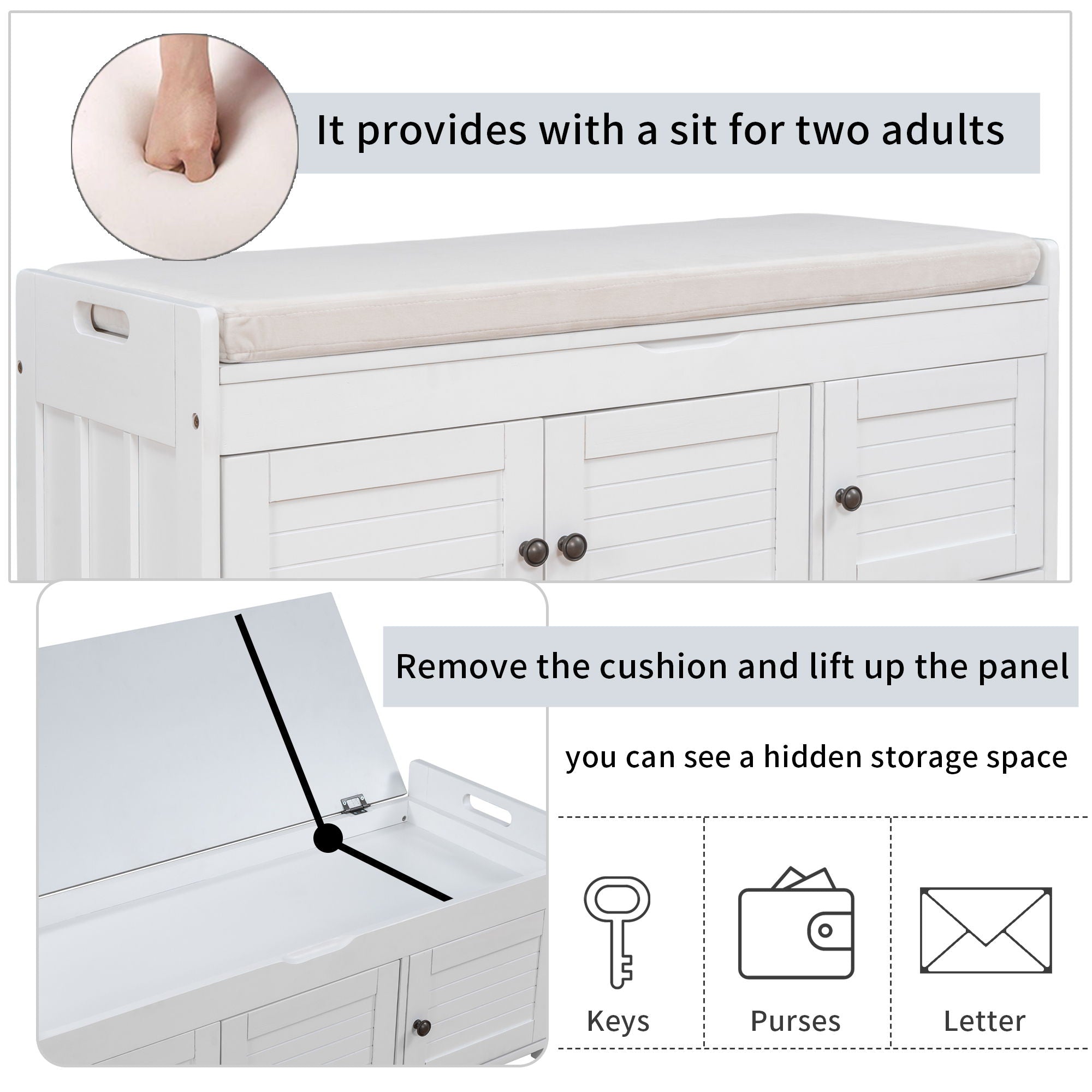 Storage Bench With 3 Shutter-Shaped Doors, Shoe Bench With Removable Cushion And Hidden Storage Space