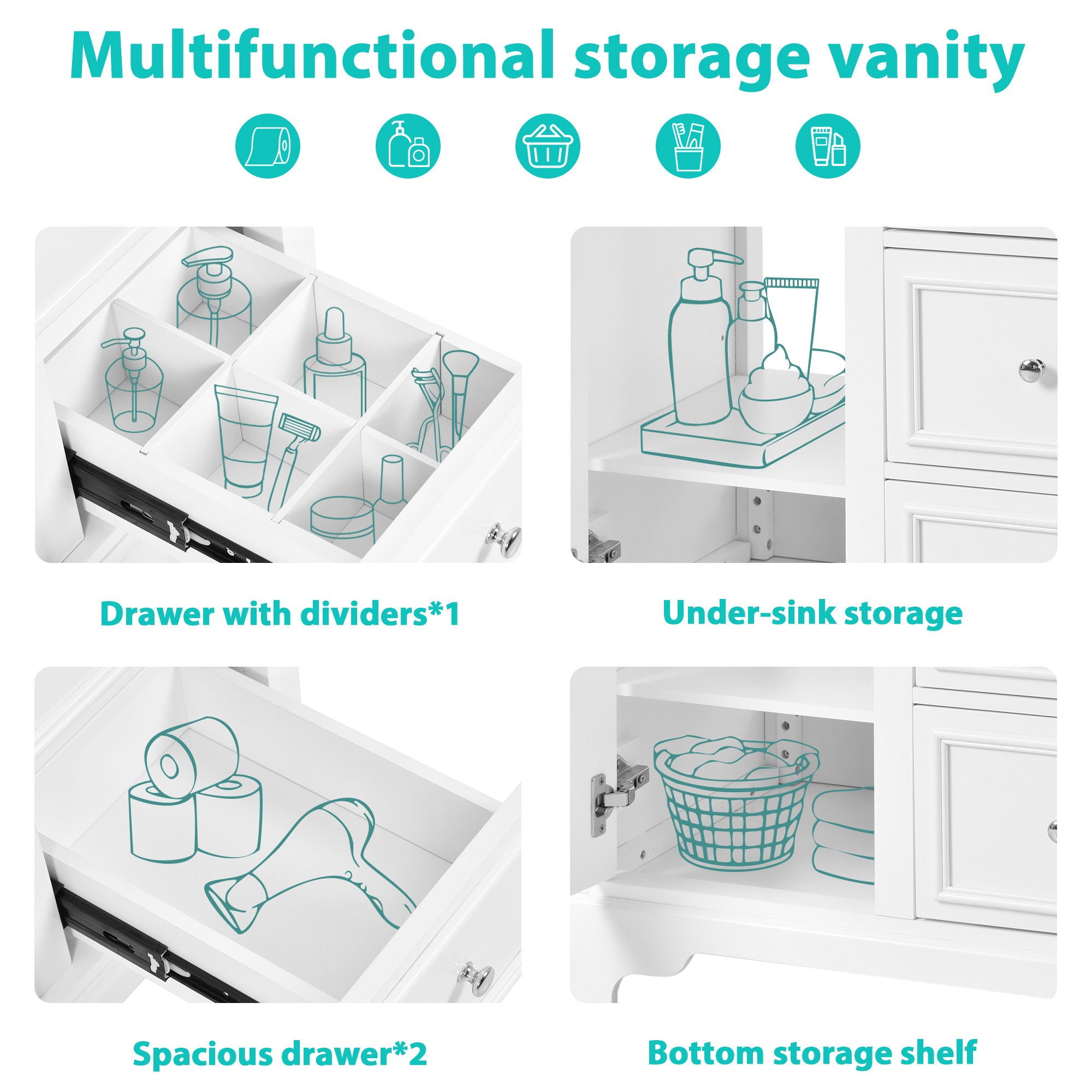 Bathroom Vanity Cabinet With Ceramic Basin, 3 Drawers And Adjustable Shelves