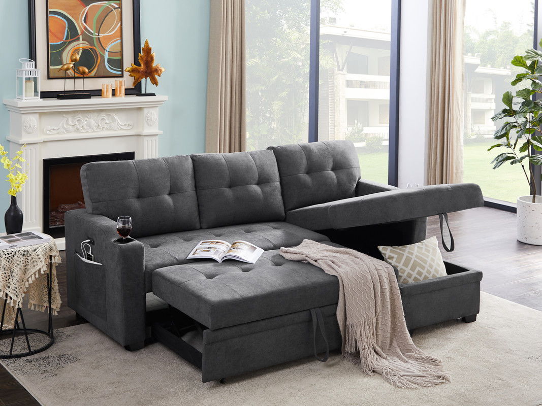 Mabel - Woven Fabric Sleeper Sectional With Cupholder, USB Charging Port nd Pocket - Dark Gray