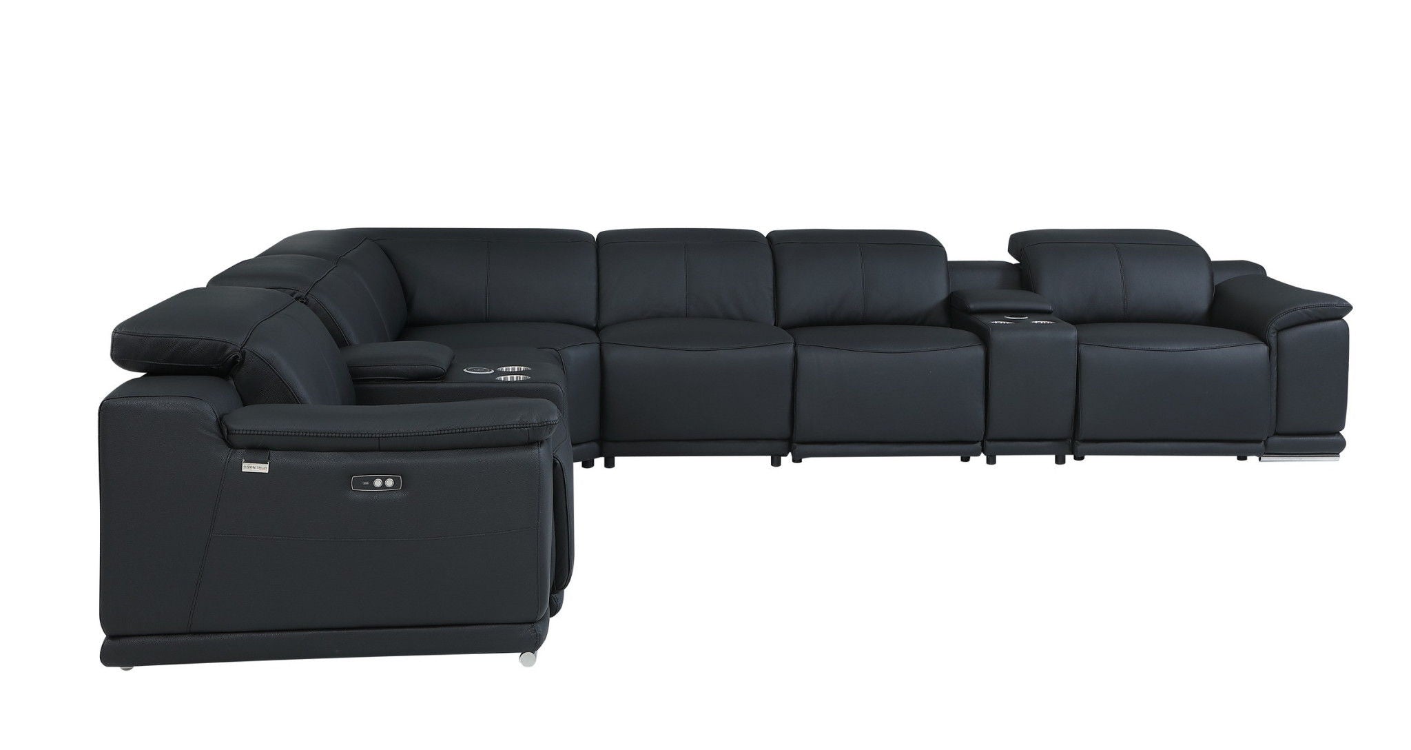 Italian Leather Power Reclining U Shaped Eight Piece Corner Sectional With Console - Black