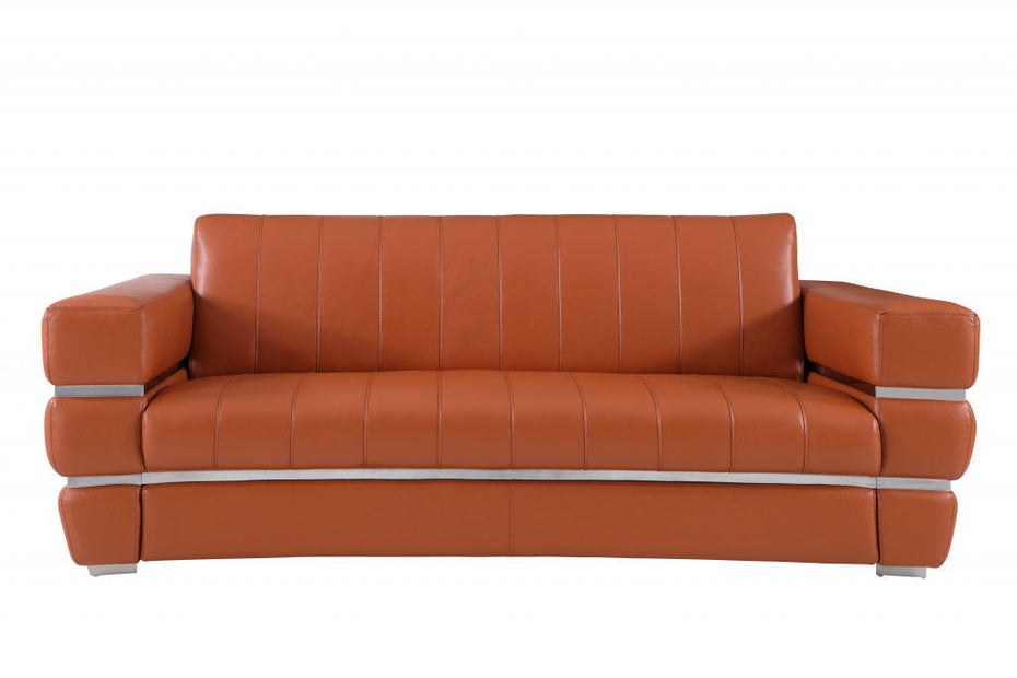 Italian Leather Sofa With Silver Legs - Brown