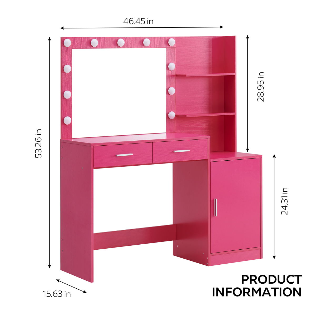 Vanity Desk With Mirror And Lights, 46.4In Dressing Table With 2 Large Drawer & Large Vertical Organizer, 3 Level Dresser & 3 Lighting Modes Adjustable Brightness, Suitable For Bedroom