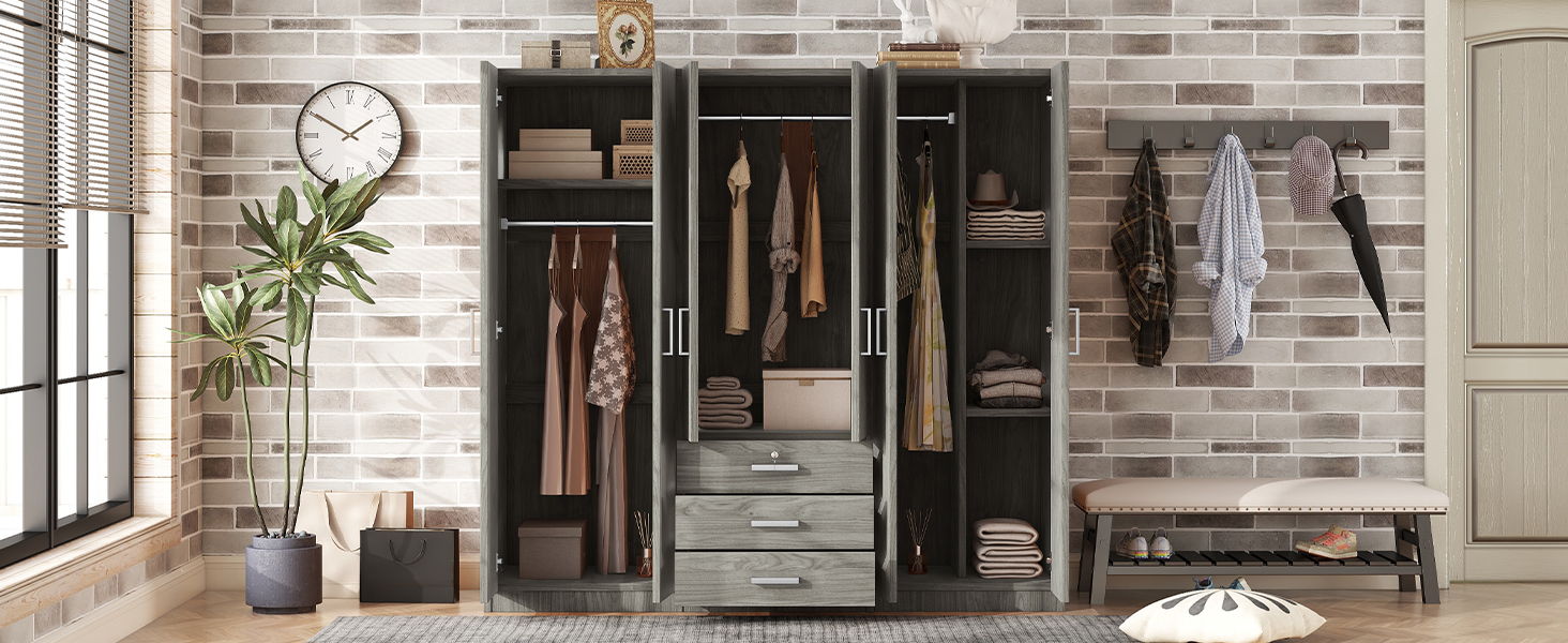 6 Doors Wooden Wardrobe Storage For Bedroom With Big Drawers