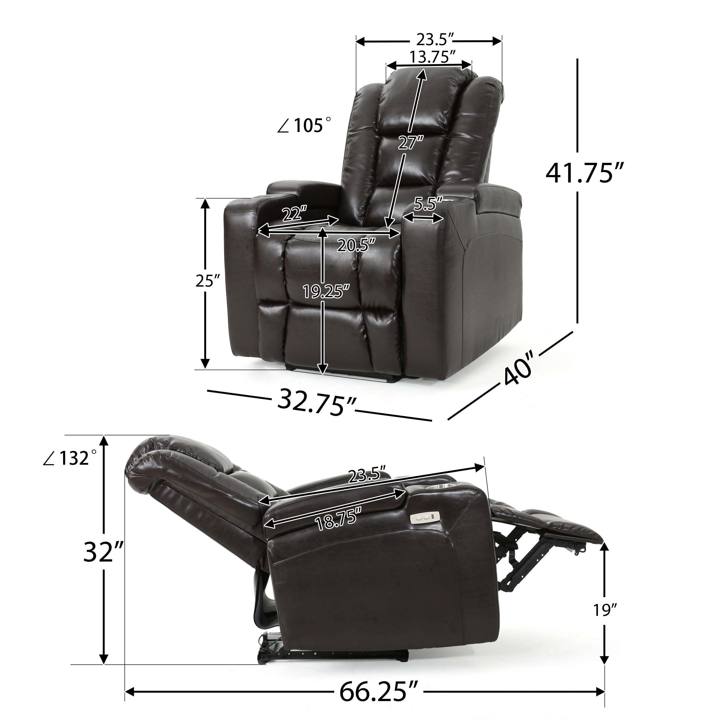 Wide Power Standard Recliner Chair With Arm Storage With USB