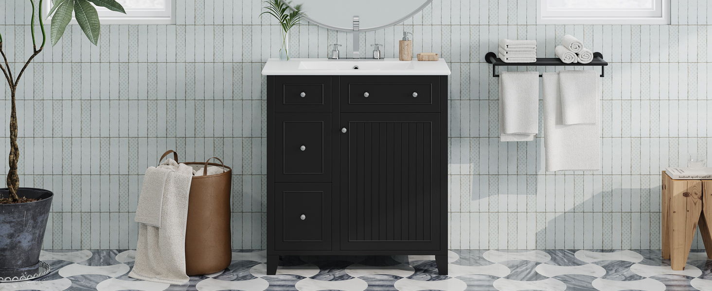 Bathroom Vanity Cabinet With Ceramic Basin, Double-Layer Drawer, Deep Drawer And Adjustable Shelf