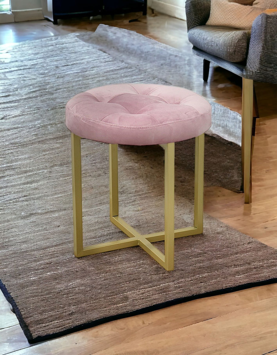 Tufted Velvet Stool - Pink / Gold