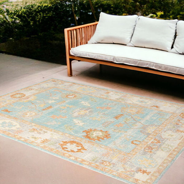 8' X 10' Floral Stain Resistant Outdoor / Indoor Area Rug - Blue / Orange