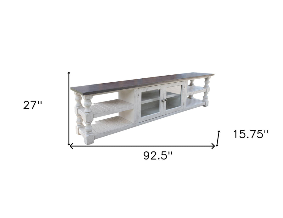 Solid Wood Cabinet Enclosed Storage Distressed TV Stand - Gray / Ivory