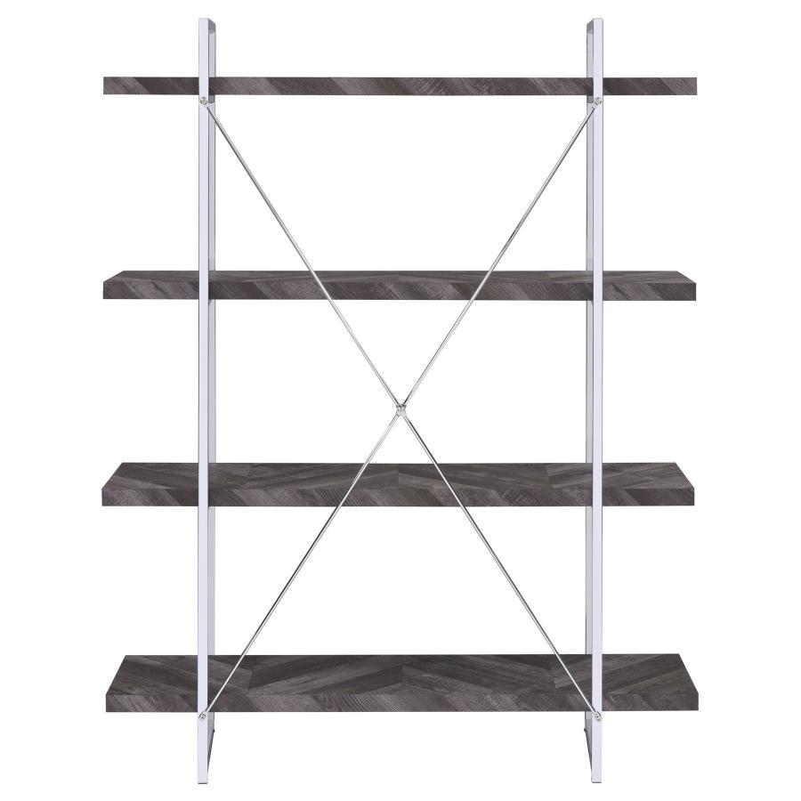 Grimma - 4-Shelf Bookshelf - Rustic Gray And Chrome by CoasterEssence | Bel Furniture