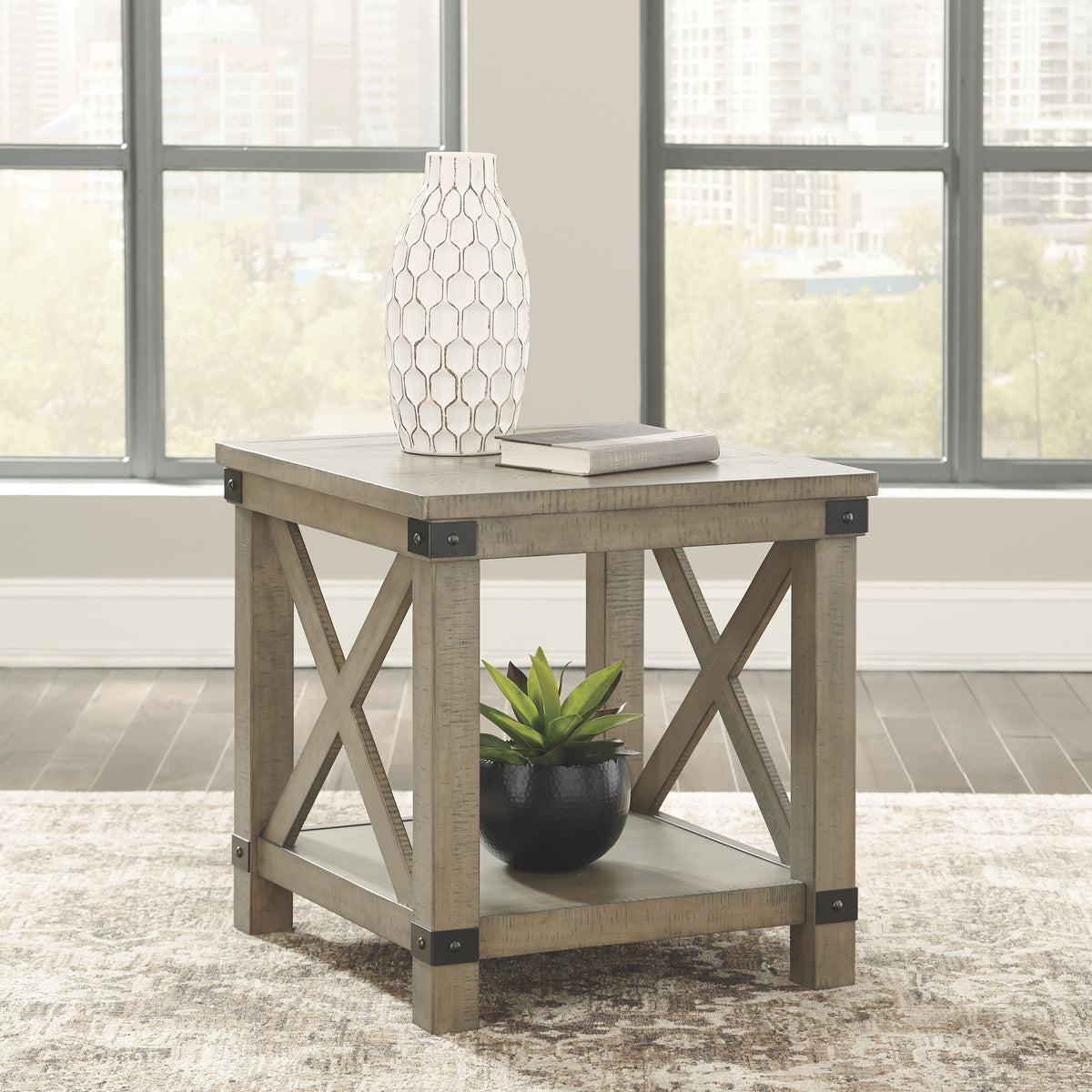 Aldwin - Gray - Rectangular End Table - Crossbuck Styling by Signature Design by Ashley® | Bel Furniture