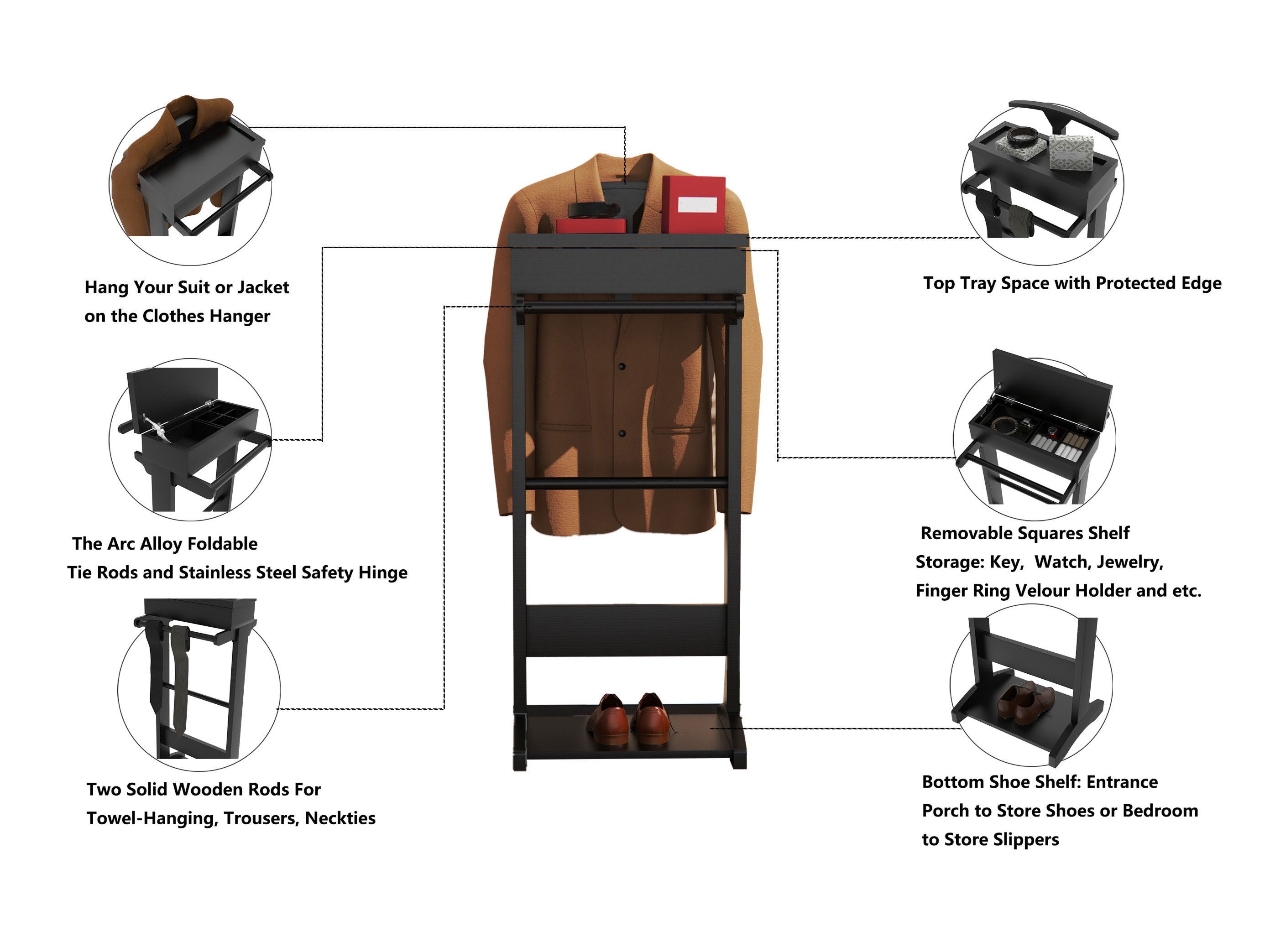 Portable Garment Rack, Clothes Valet Stand With Storage Organizer