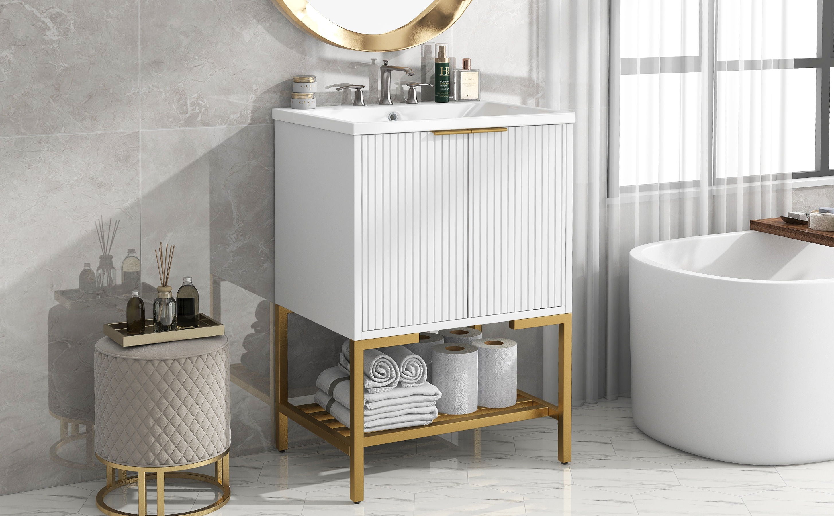 Bathroom Vanity With Sink, Bathroom Vanity Cabinet With Two Doors And Metal Frame, Open Storage Shelf - White / Gold