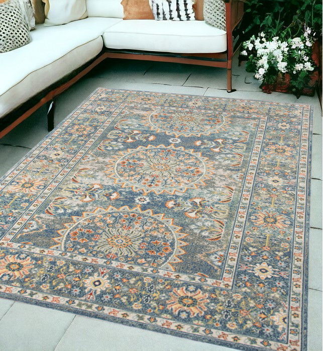 5' X 7' Floral Medallion Stain Resistant Indoor / Outdoor Area Rug - Blue / Orange