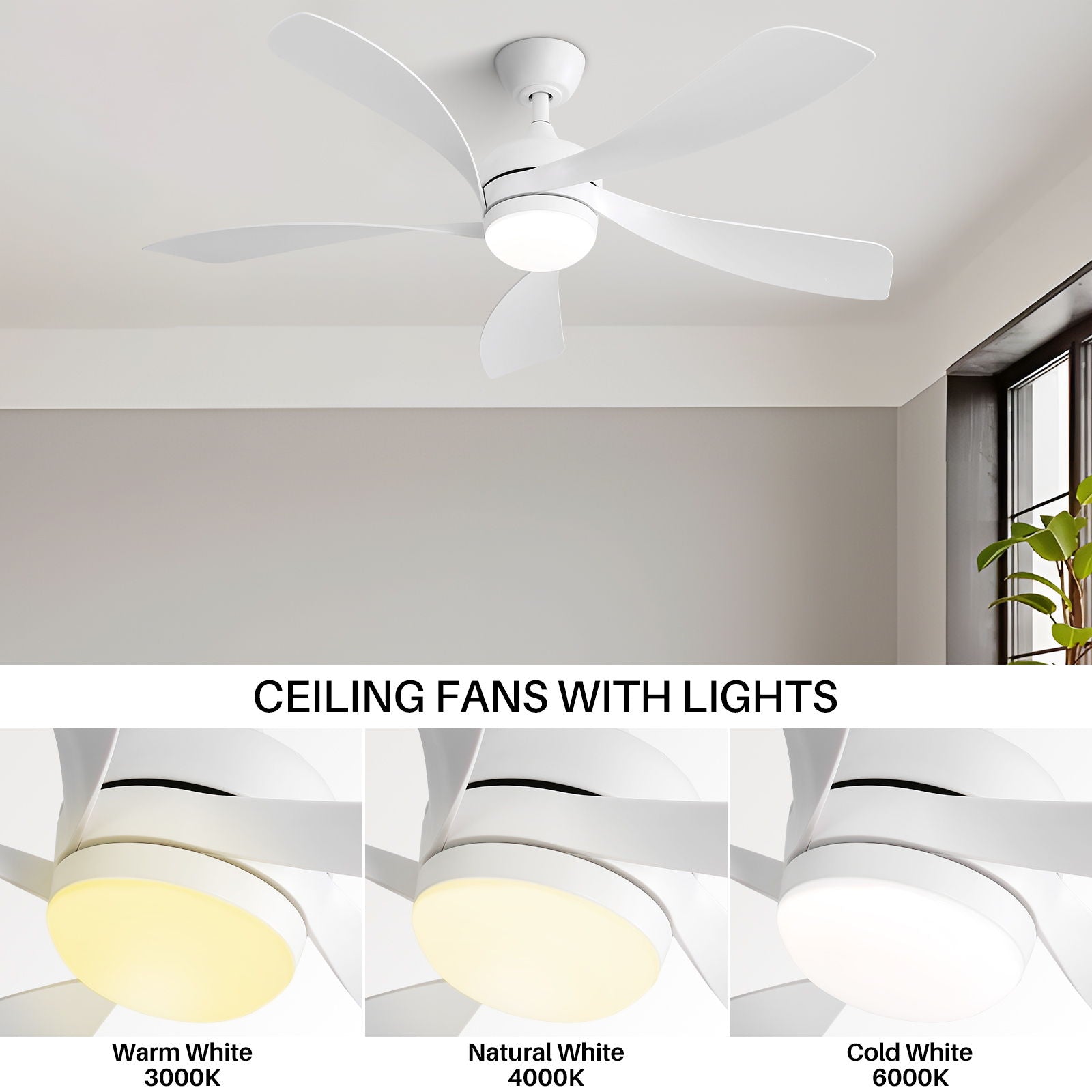 Modern Led Ceiling Fan With 3 Color Dimmable 5 ABS Blades Remote Control Reversible Dc Motor For Bedroom - White