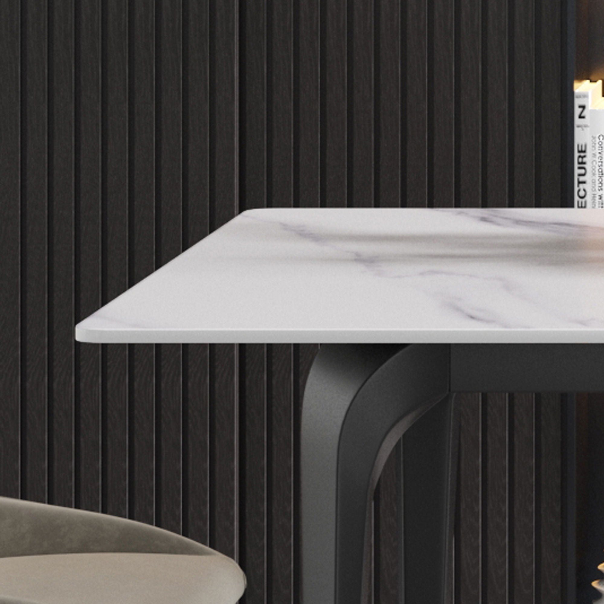 70.87" Modern Artificial Stone White Straight Edge Black Metal Leg Dining Table, Can Accommodate 6-8 People - White / Black