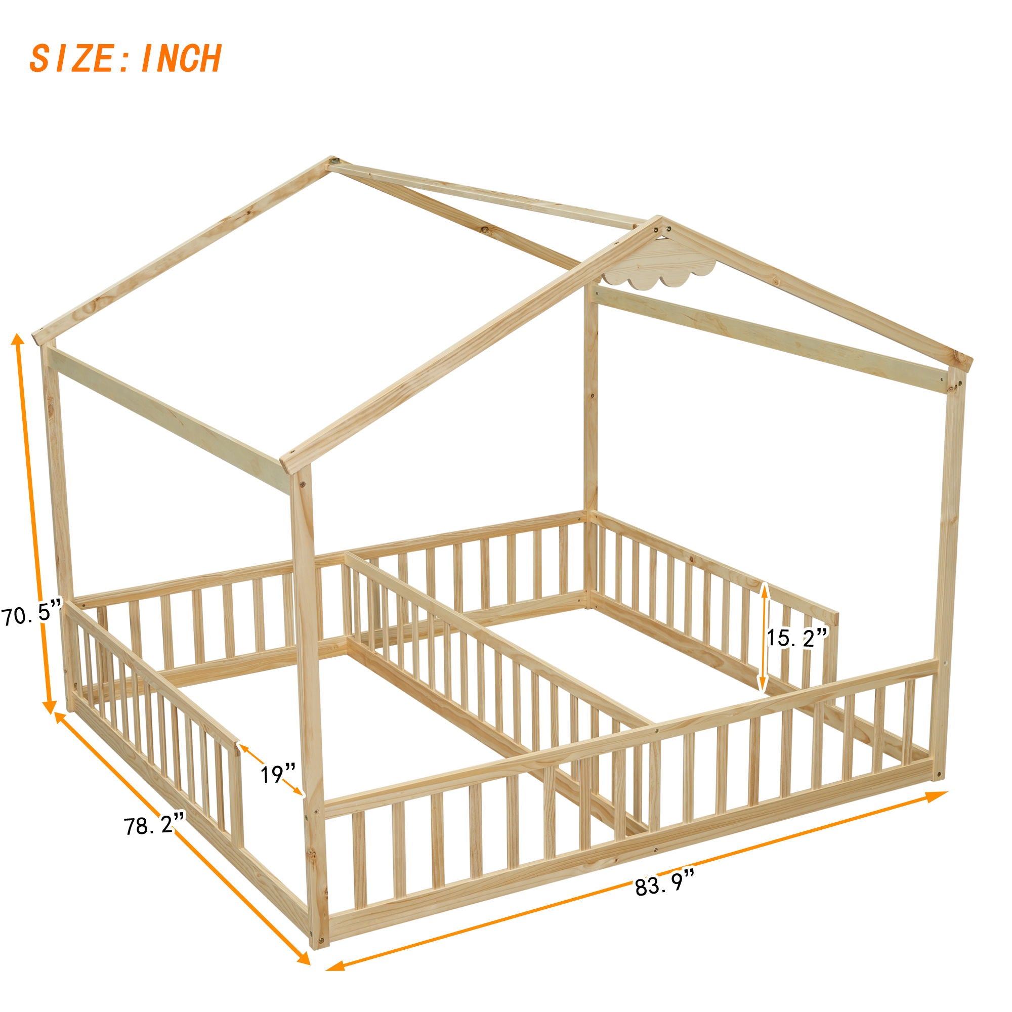 Double Twin House-Style Floor Bed With Fence, Guardrails, Without Door