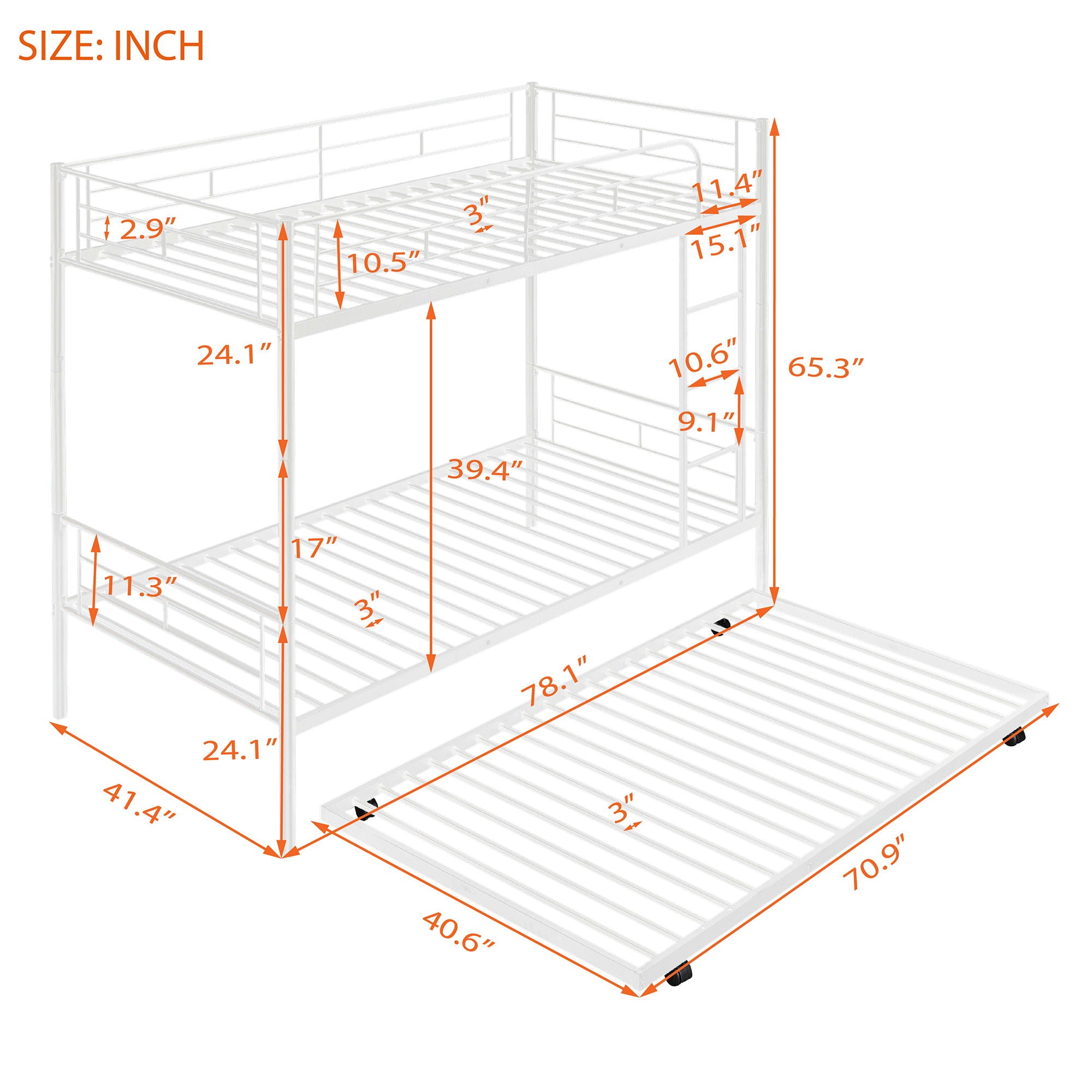 Twin Over Twin Metal Bunk Bed With Trundle, Can Be Divided Into Two Beds, No Box Spring Needed - White