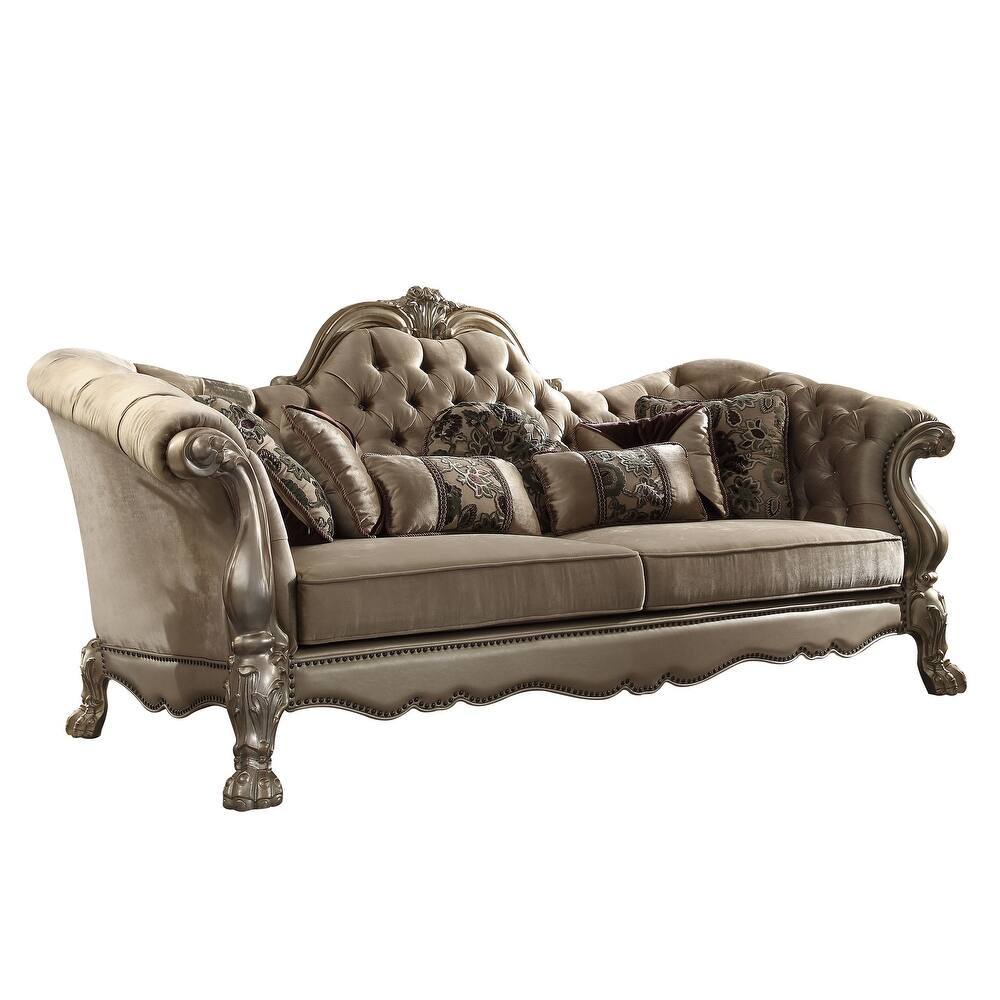 Velvet Sofa And Toss Pillows With Gold Legs - Bone