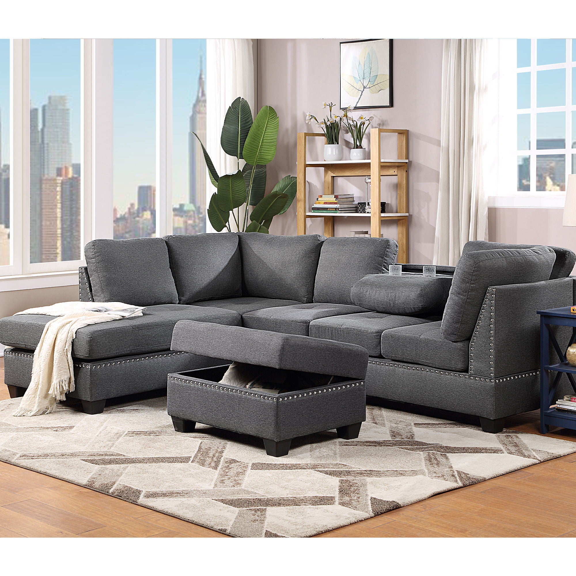 Reversible Sectional Sofa Space Saving With Storage Ottoman Rivet Ornament L-Shape Couch For Small Or Large Space Dorm Apartment