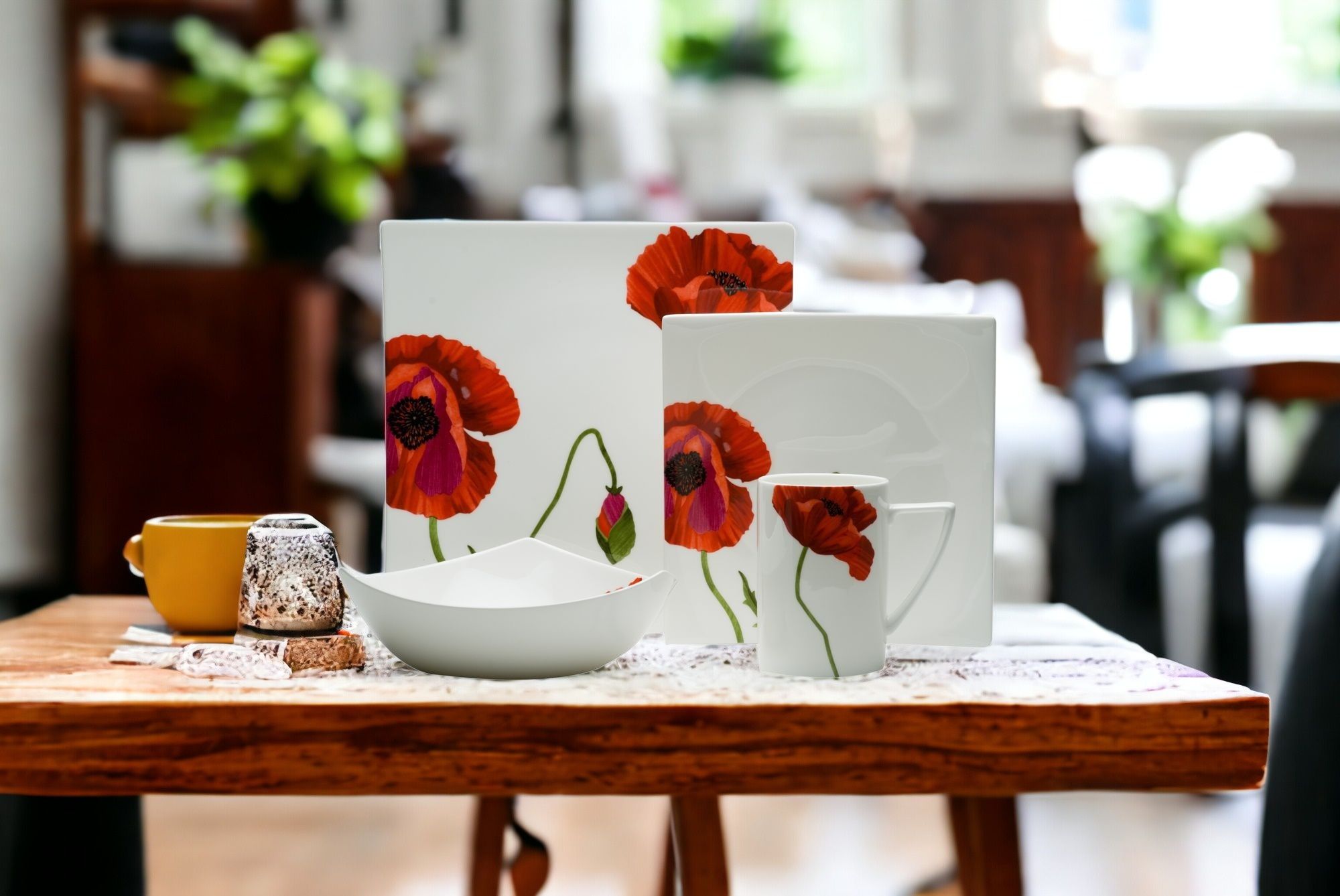 Four Piece Square Floral Bone China Dinnerware Set - Red / White