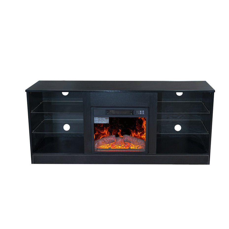 Fireplace TV Stand With 18" Electric Fireplace Heater, Modern Entertainment Center For TVs Up To 62" With Adjustable Glass Shelves And Storage Cabinets