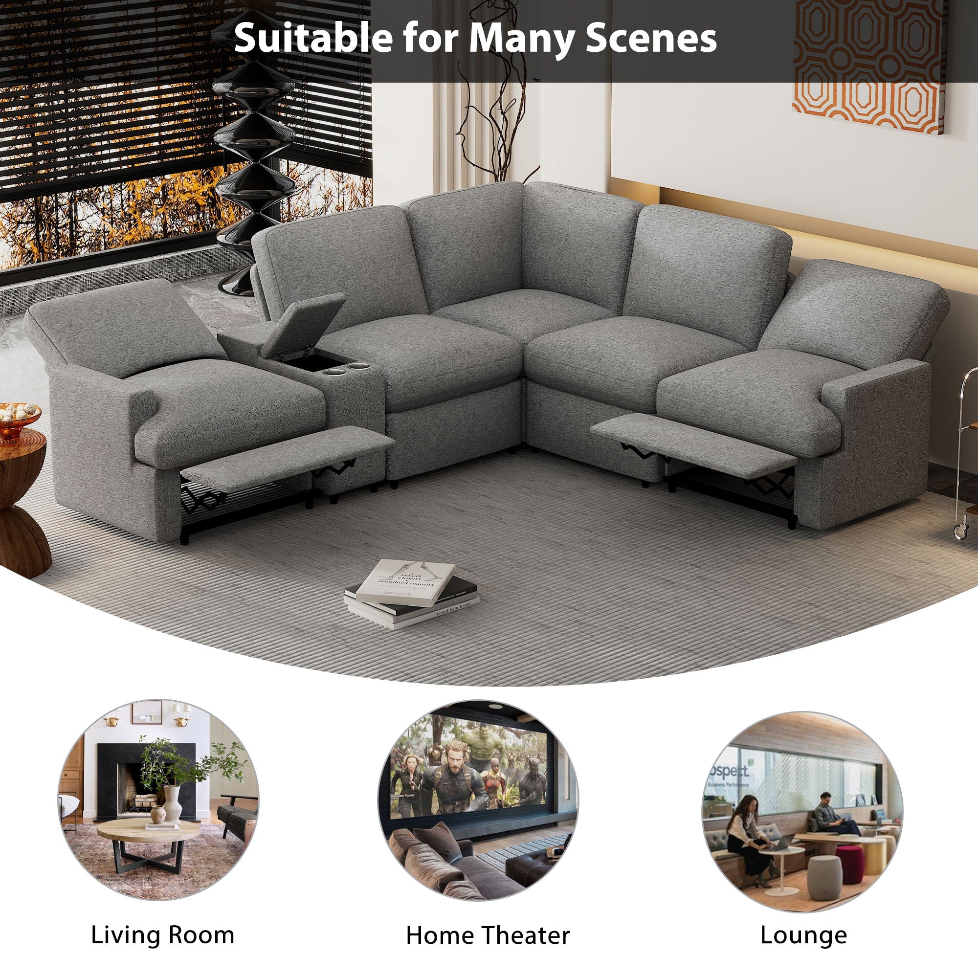 Power Recliner Corner Sofa Home Theater Reclining Sofa Sectional Couches With Storage Box, Cup Holders, USB Ports And Power Socket For Living Room