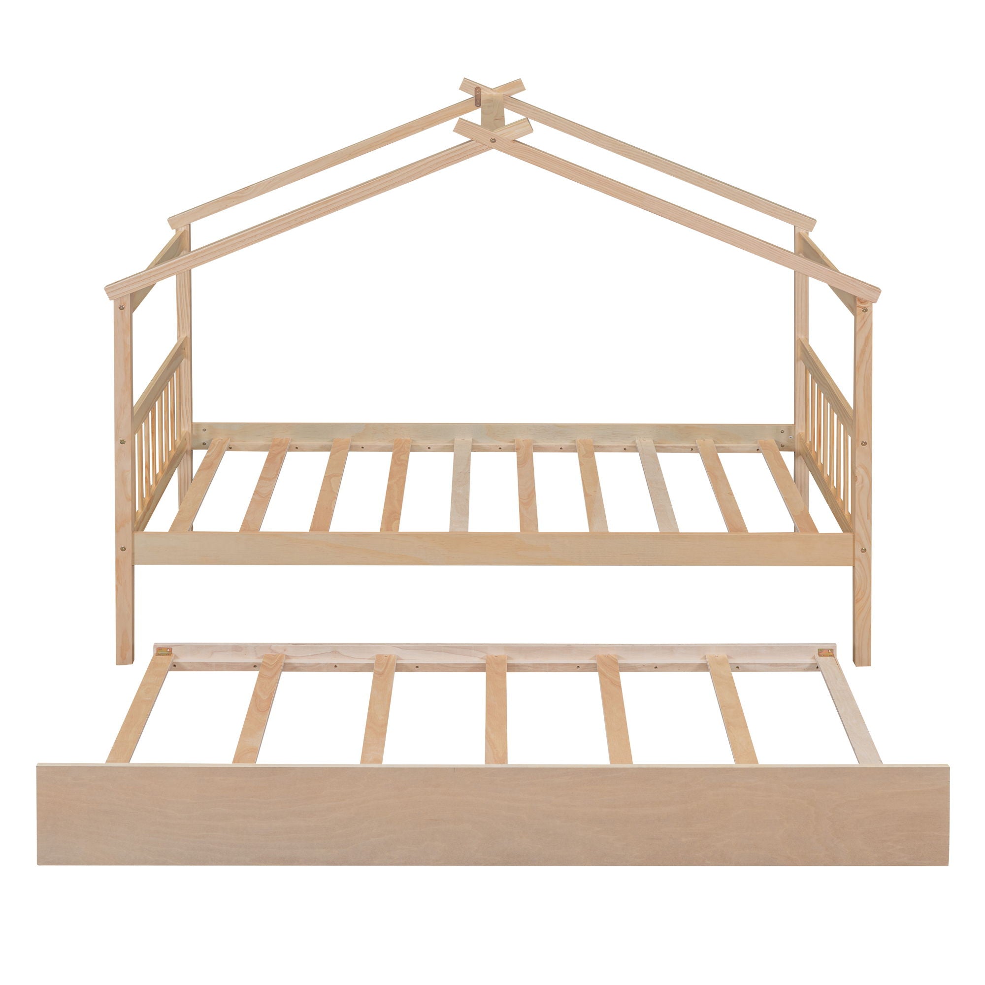 Wooden House Bed With Twin Size Trundle