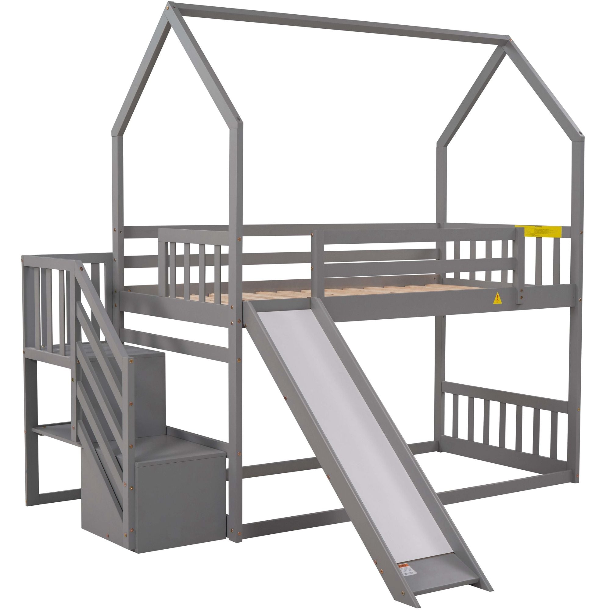 Twin Over Twin House Bunk Bed With Convertible Slide, Storage Staircase