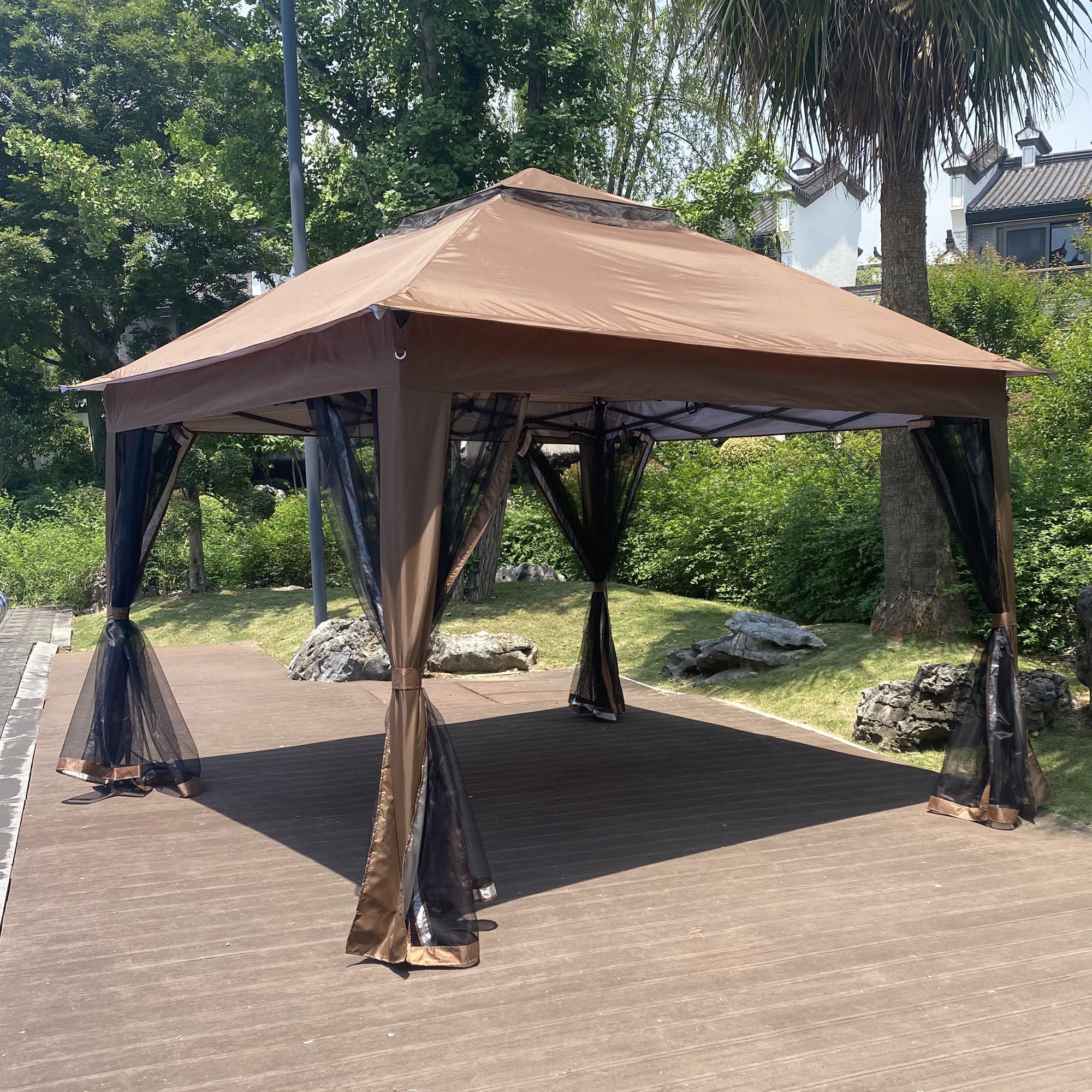 Outdoor 11X 11Ft Pop Up Gazebo Canopy With Removable Zipper Netting, 2 Tier Soft Top Event Tent, Suitable For Patio Backyard Garden Camping Area With 4 Sandbags - Brown