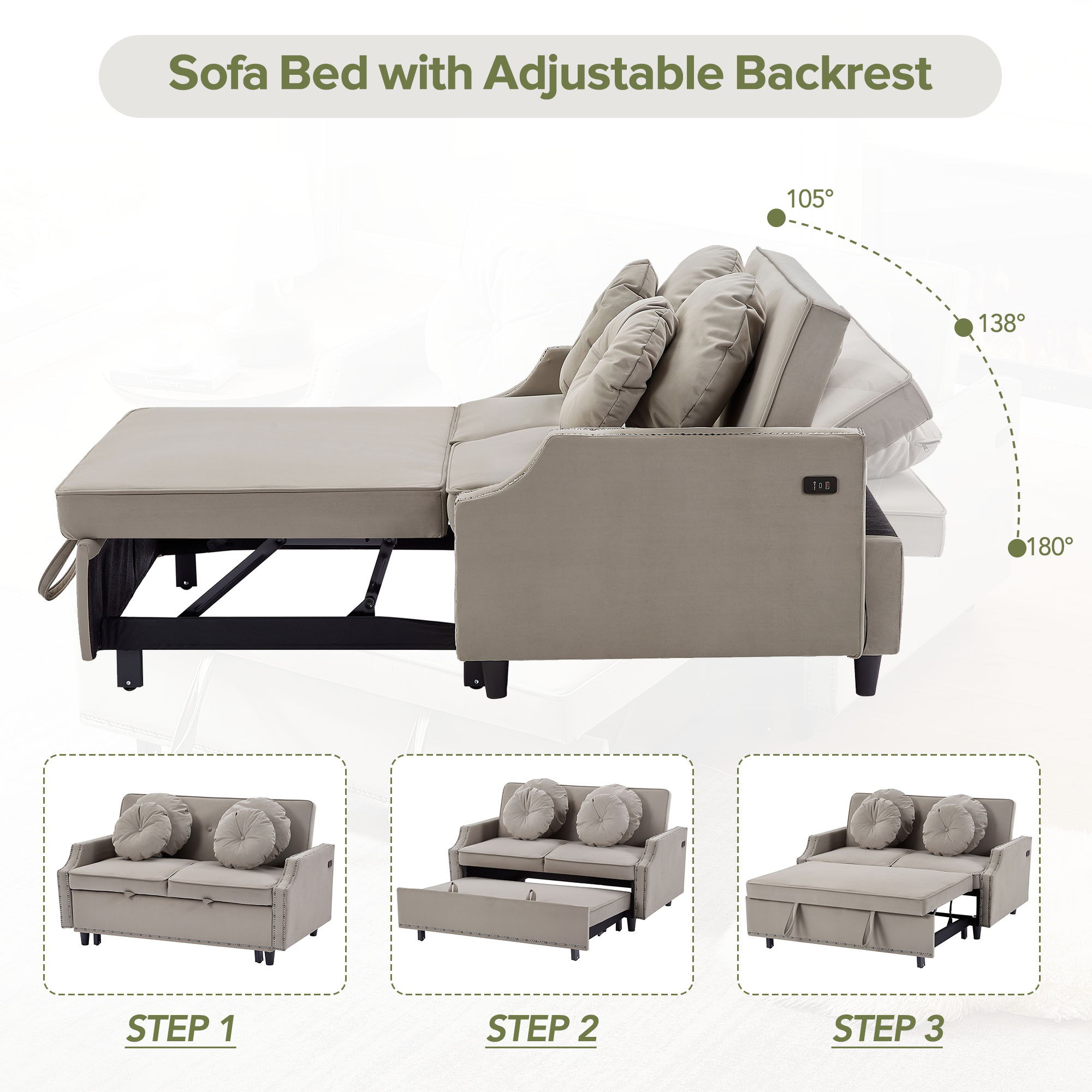 Multiple Adjustable Positions Sofa Bed Stylish Sofa Bed With A Button Tufted Backrest, Two USB Ports And Four Floral Lumbar Pillows For Living Room, Bedroom, Or Small Space