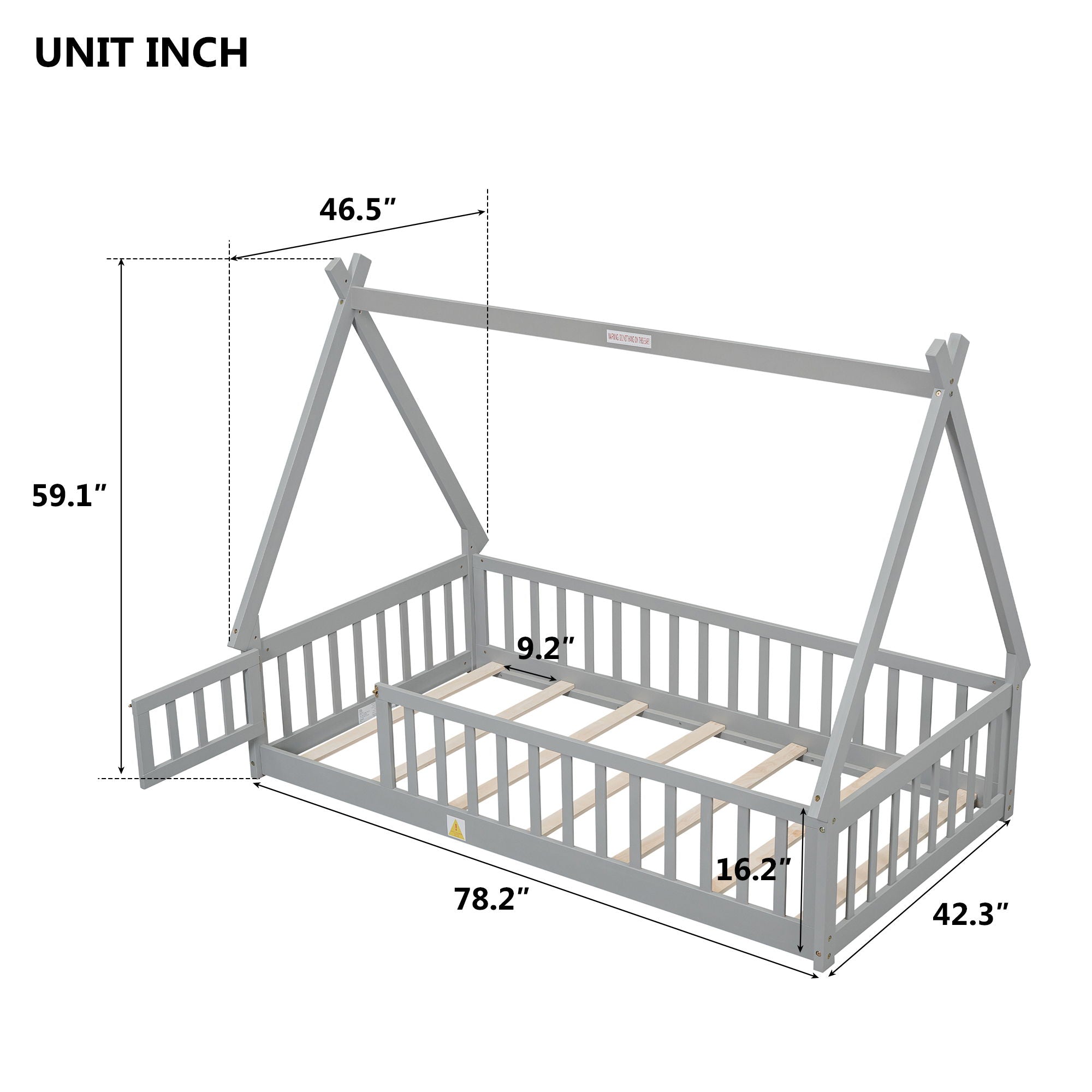 Tent-Shaped Floor Bed, With Guardrails, Slats, Door