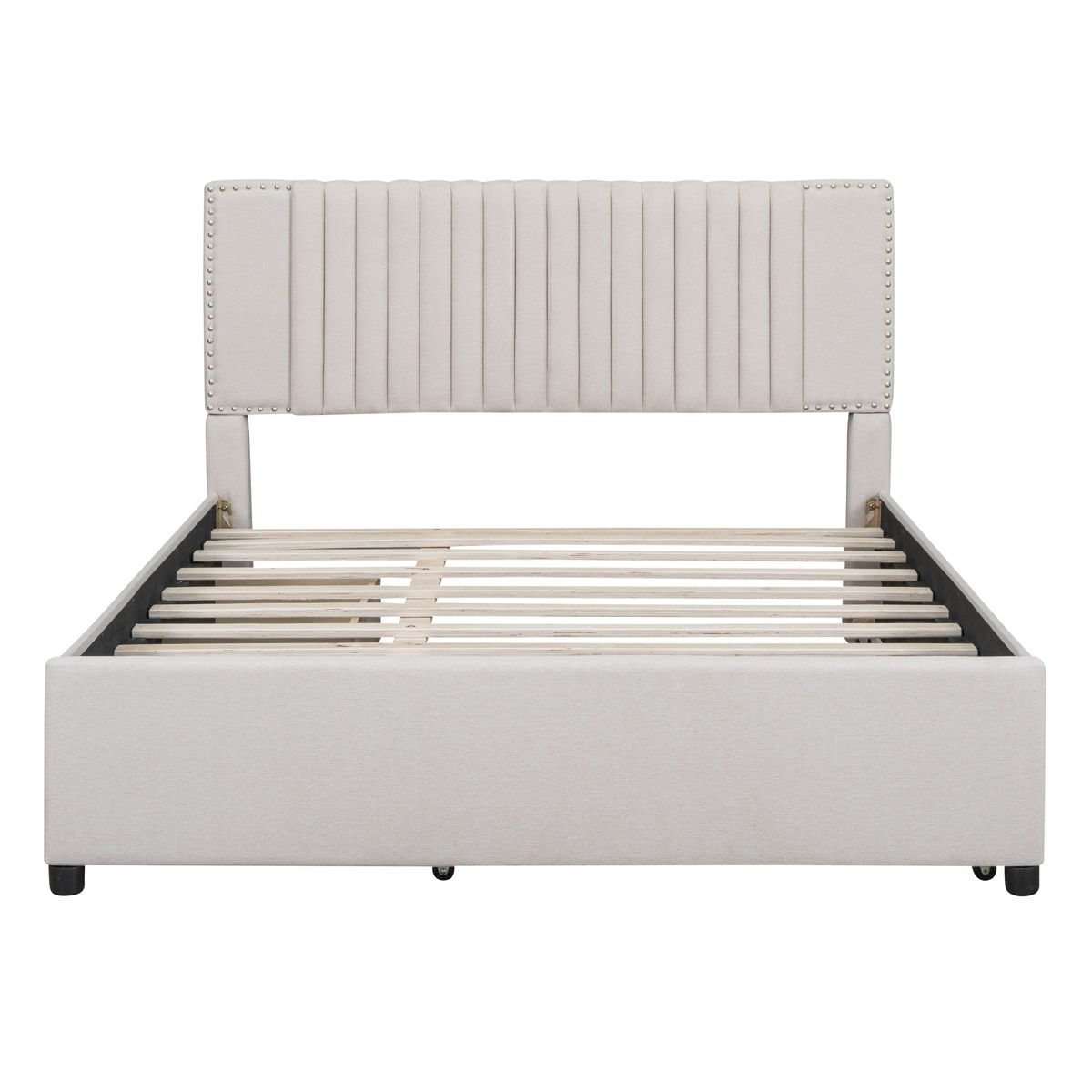 Upholstered Platform Bed With 2 Drawers And 1 Trundle, Classic Headboard Design