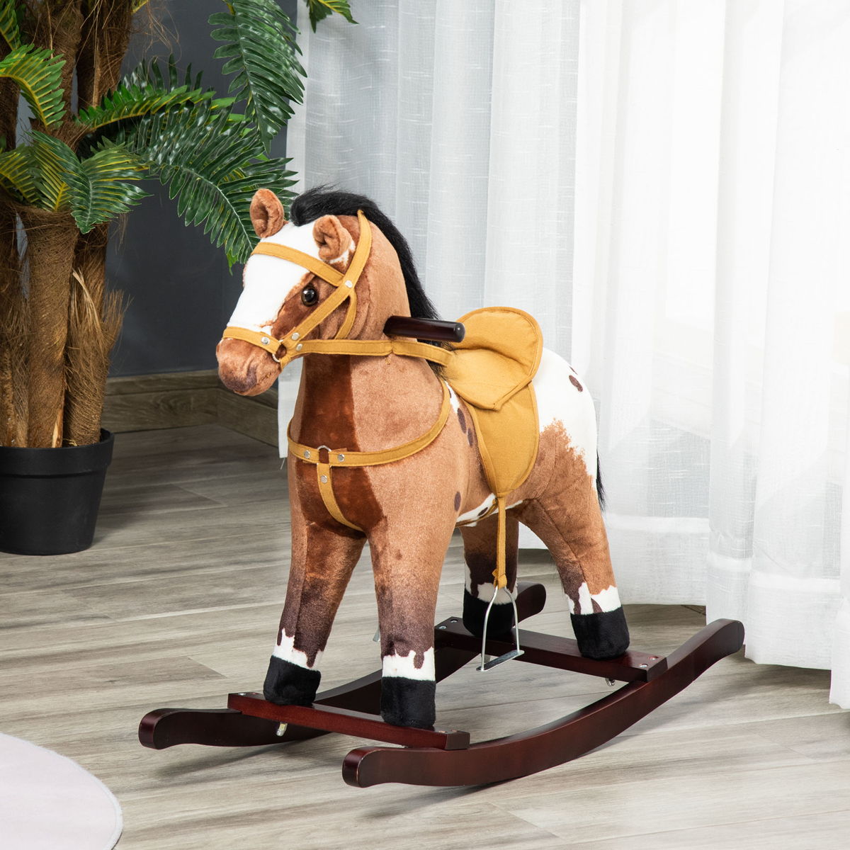 Qaba - Kids Metal Plush Ride-On Rocking Horse Chair Toy With Realistic Sounds - Dark Brown / White