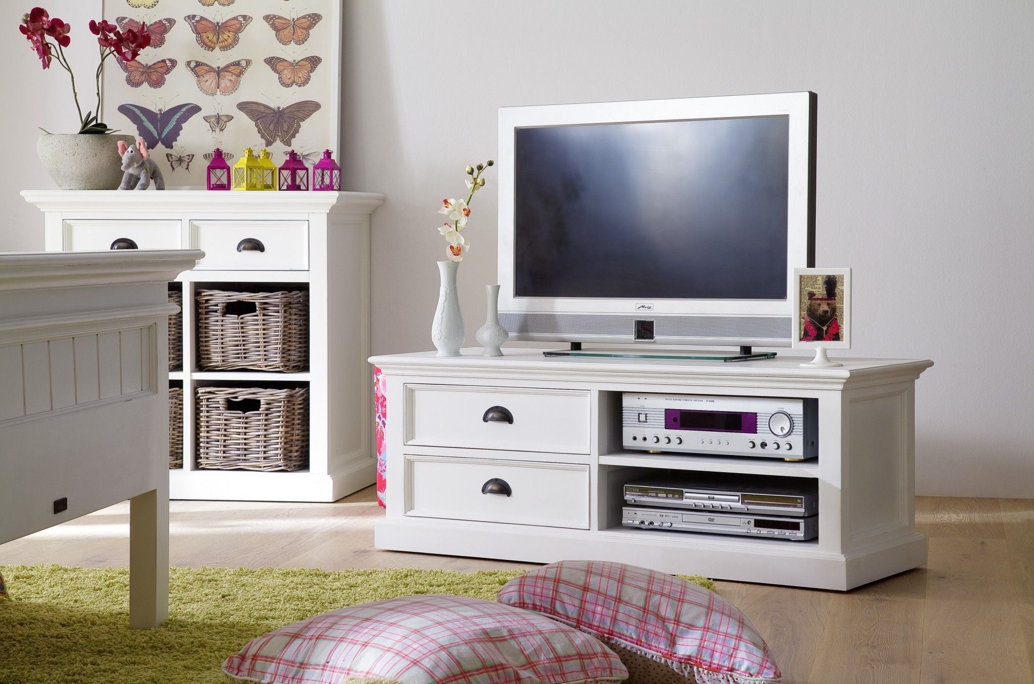 Solid Wood Drawers And Open Shelving Entertainment Center - White